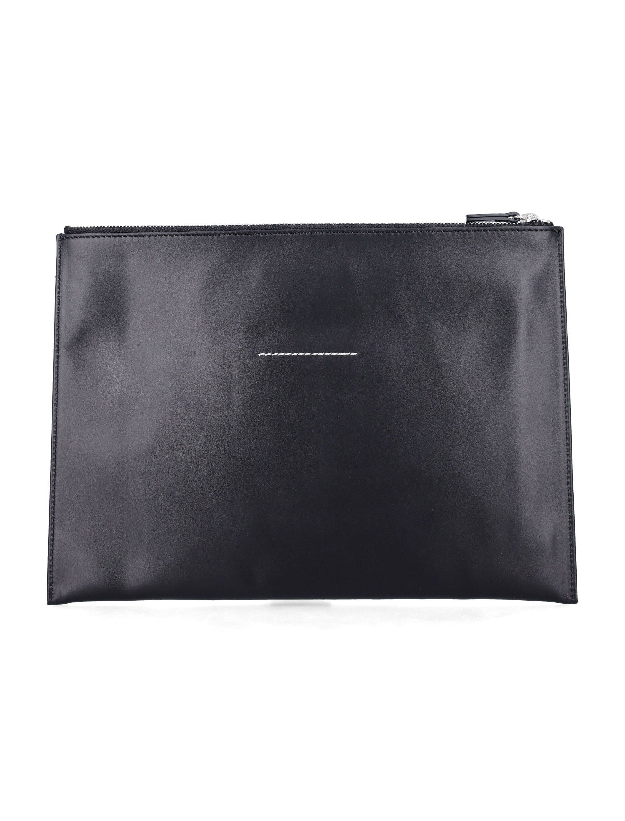 MM6 Maison Margiela black leather pouch with logo and tape detail Bovine