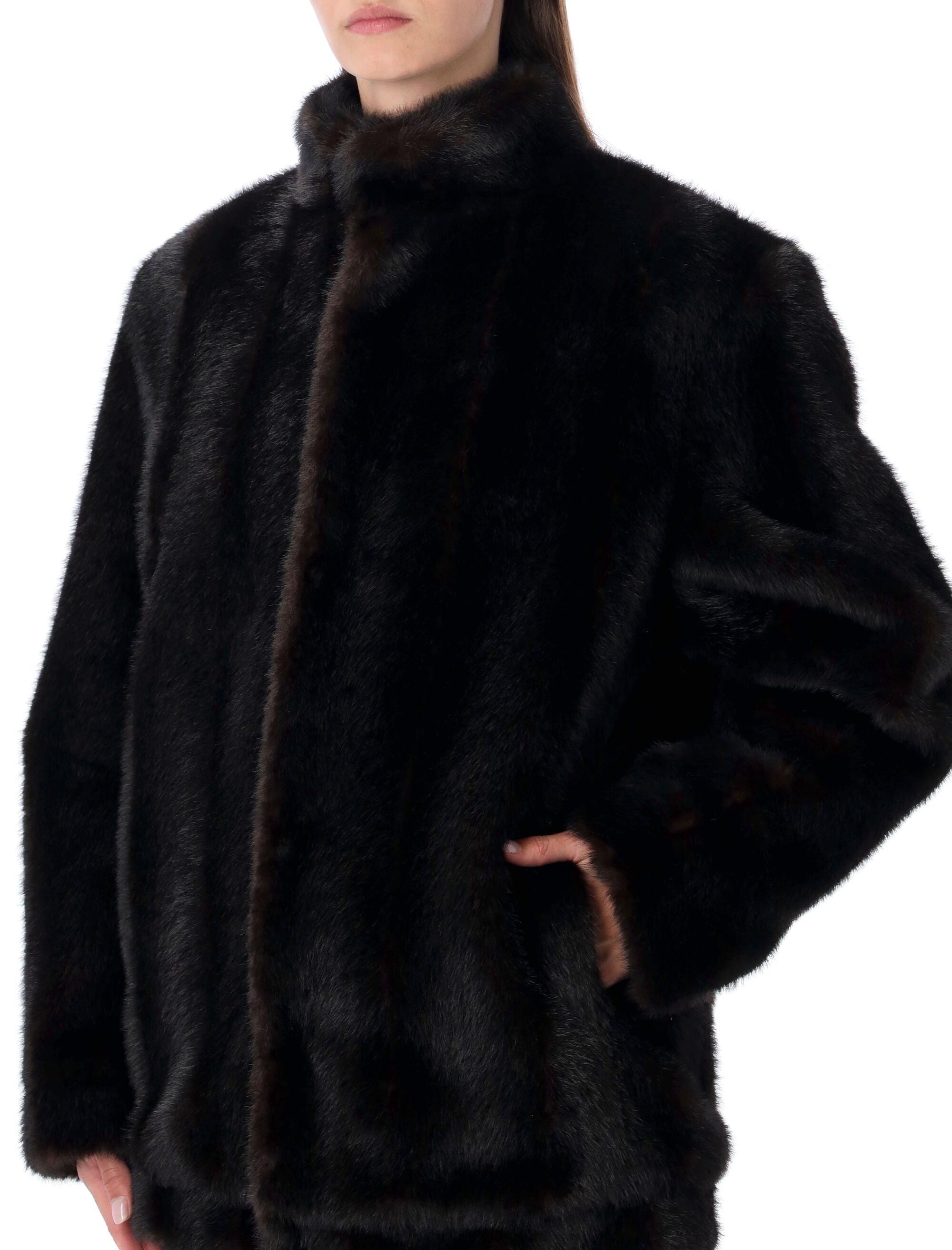 Mm6 Maison Margiela Faux Fur Jacket Brown Polyester Lining Coat