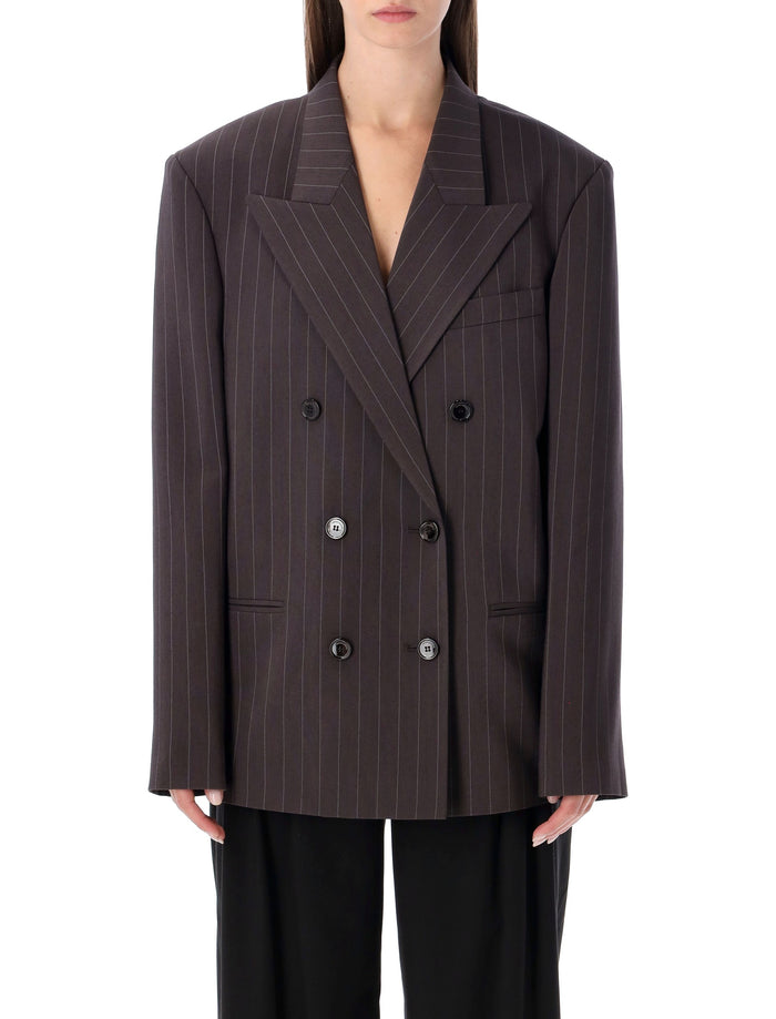 Magda Butrym Pinstripe Double-Breasted Blazer Brown Pin Stripe Wool
