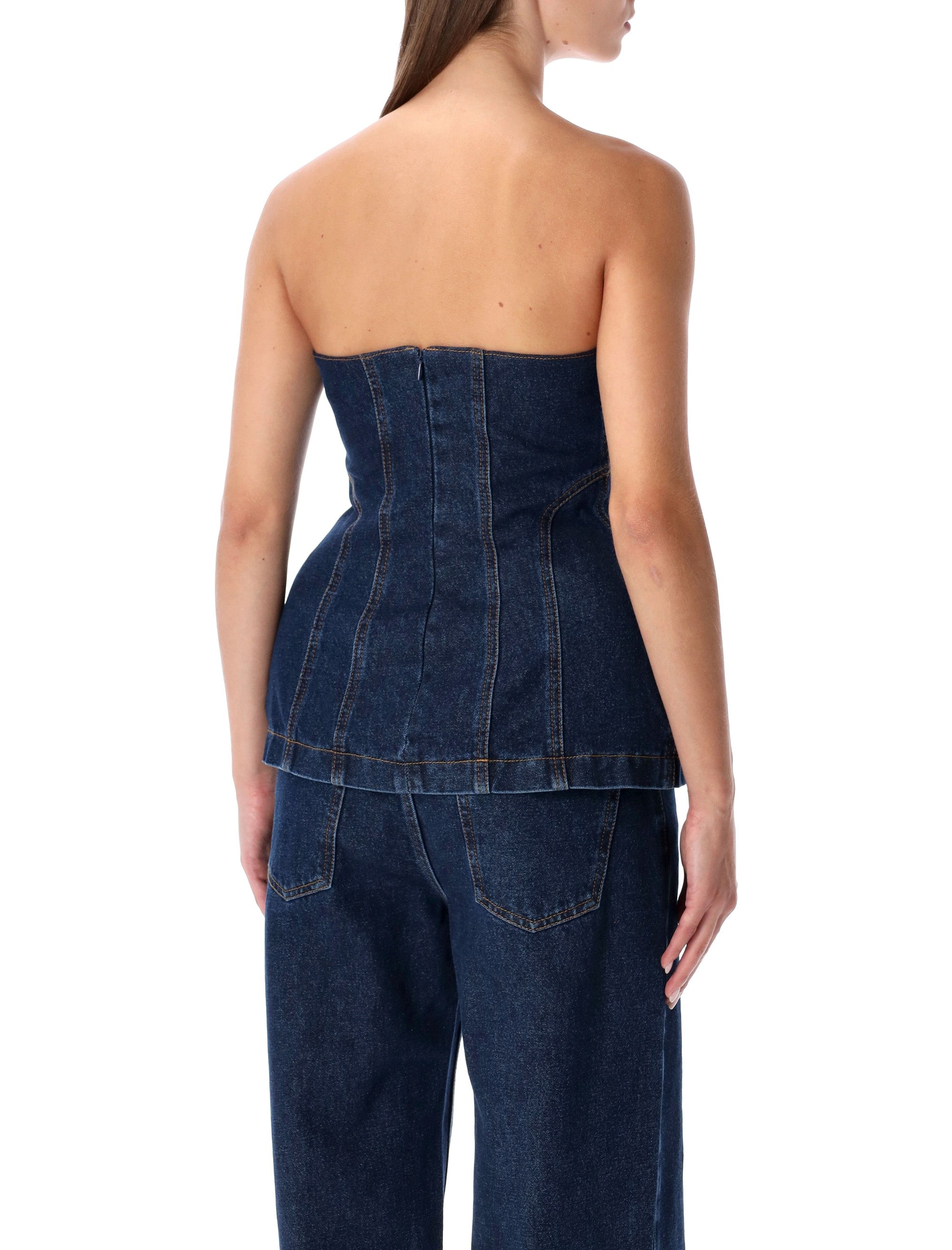 Magda Butrym strapless denim corset top Navy Cotton