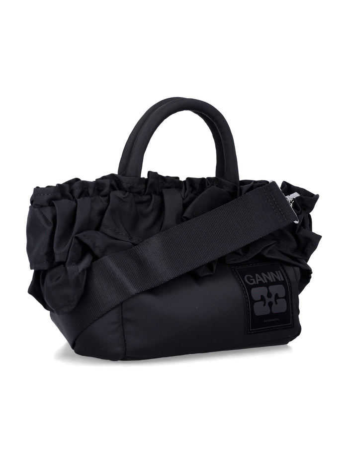 Ganni Black Nylon Ruffled Top Handle Bag Recycled Tote