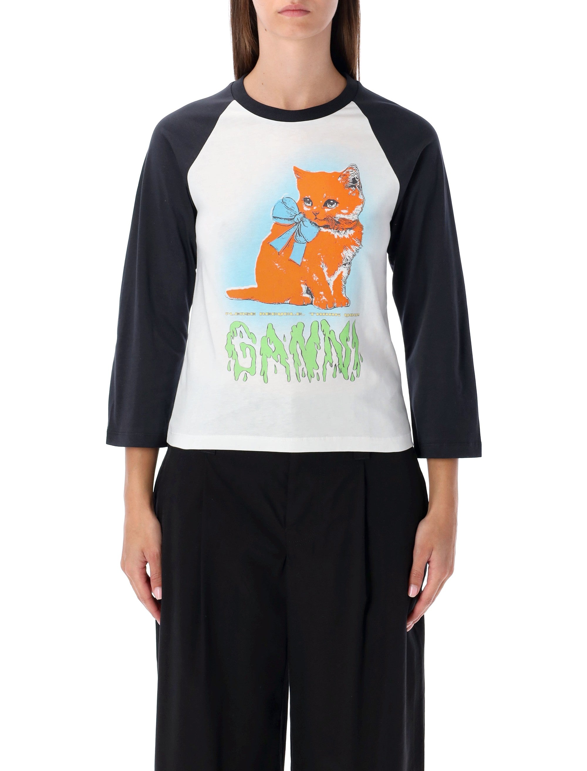 Ganni White Cropped Kitty 3-4 Sleeve T-shirt Organic Cotton