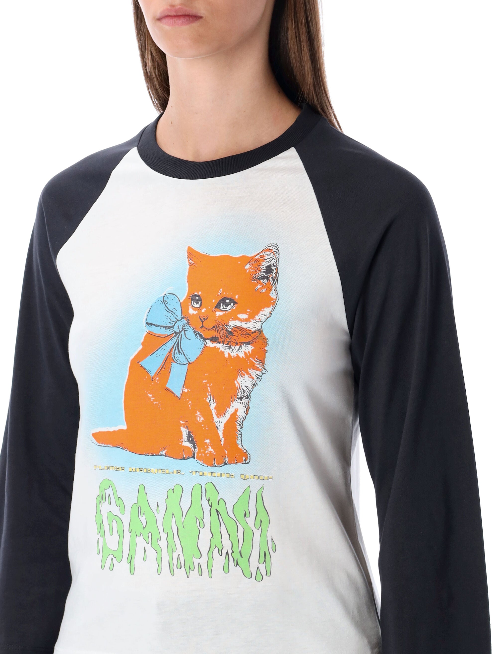 Ganni White Cropped Kitty 3-4 Sleeve T-shirt Organic Cotton
