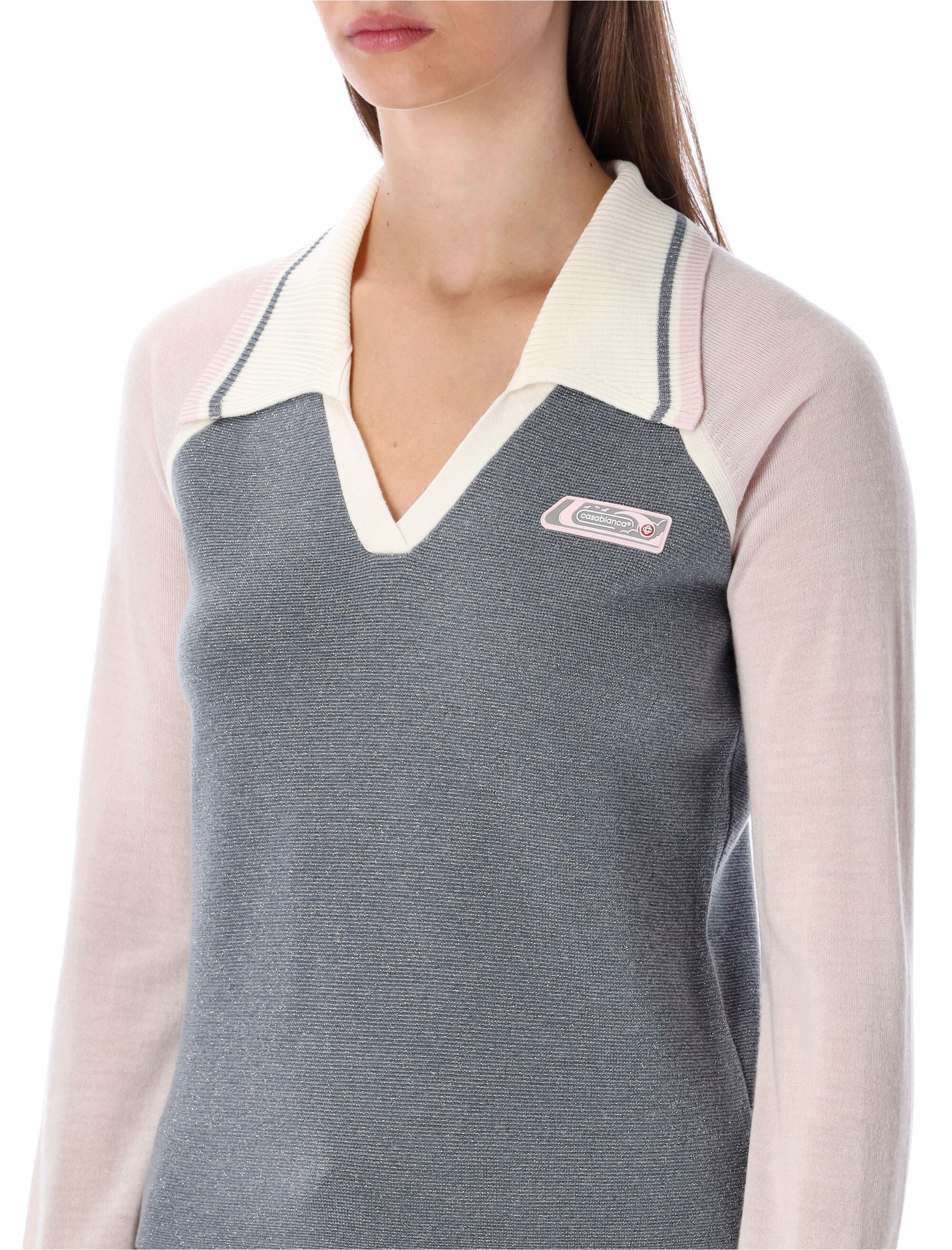 Casablanca merino lurex long-sleeve tennis polo Silver Wool Sweater