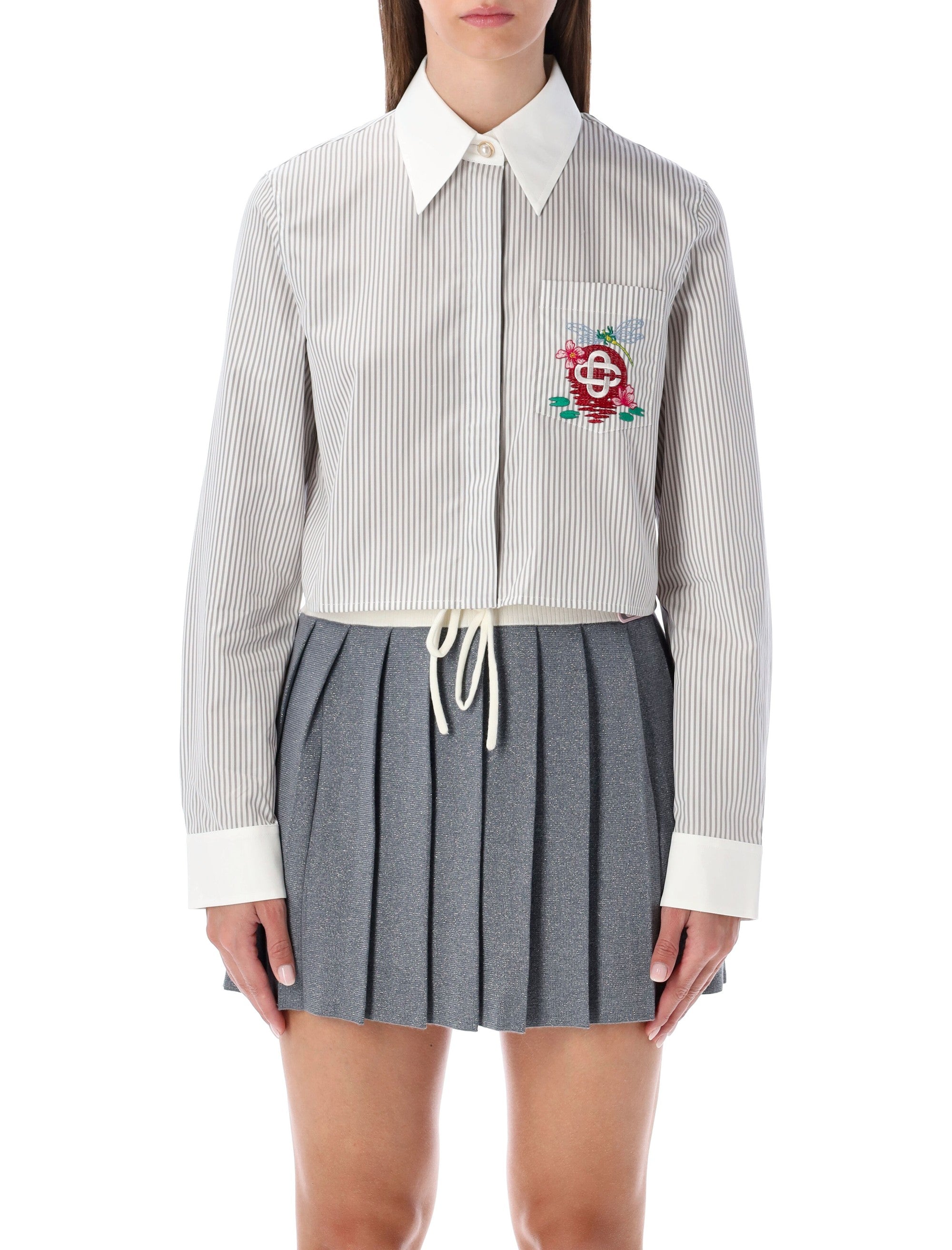 Casablanca cropped striped shirt with floral embroidery Stripe White Cotton