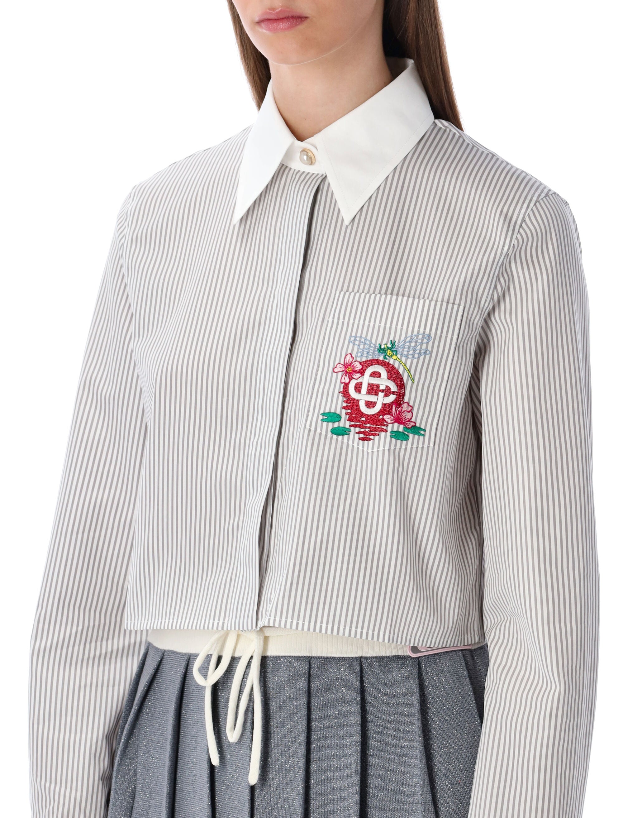Casablanca cropped striped shirt with floral embroidery Stripe White Cotton