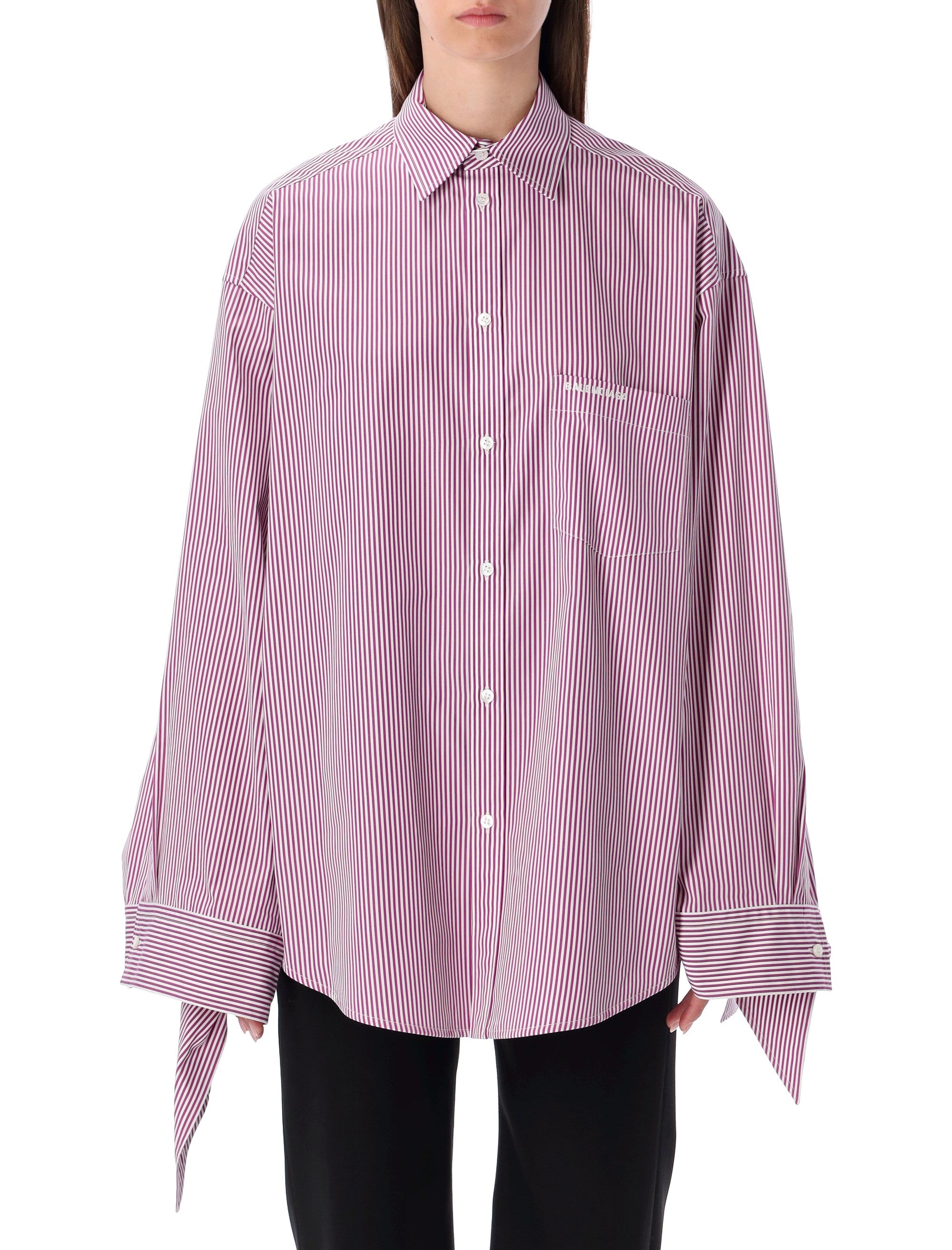 Balenciaga Oversized Striped Cotton Shirt with Knotted Cuffs Plum