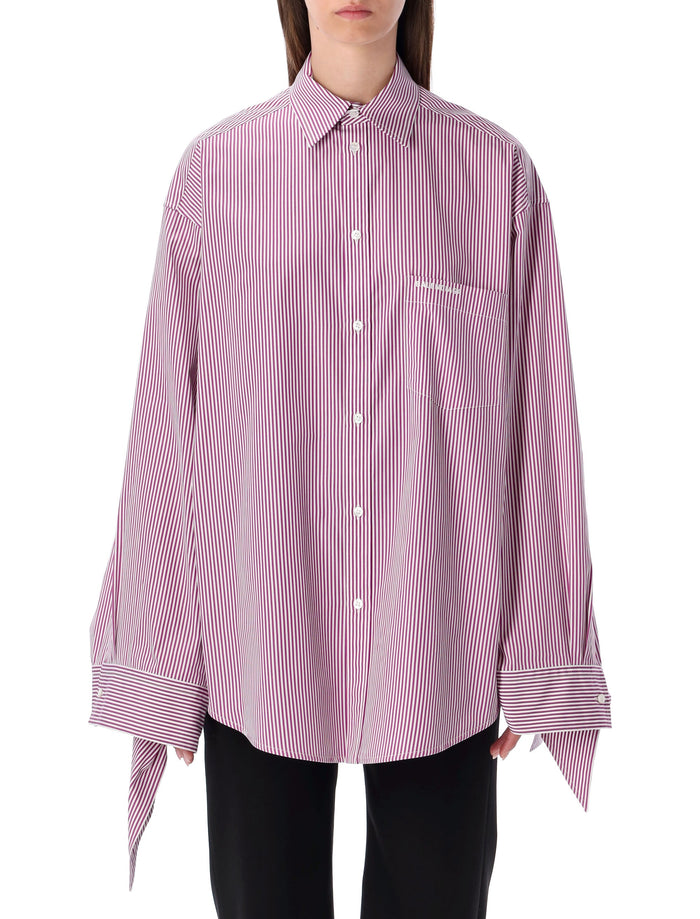 Balenciaga Oversized Striped Cotton Shirt with Knotted Cuffs Plum
