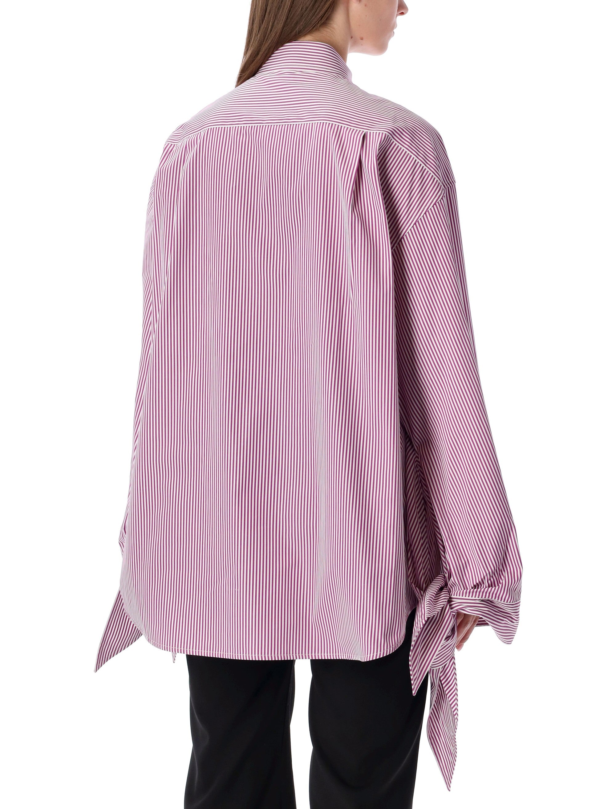 Balenciaga Oversized Striped Cotton Shirt with Knotted Cuffs Plum