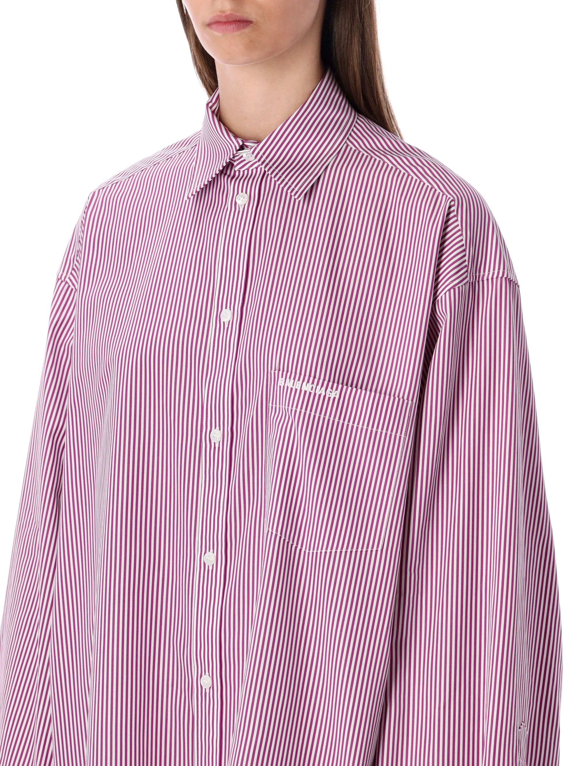 Balenciaga Oversized Striped Cotton Shirt with Knotted Cuffs Plum