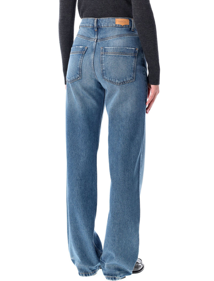 Blue Stonewash Straight-Leg Jeans With Relaxed Fit Stone Cotton