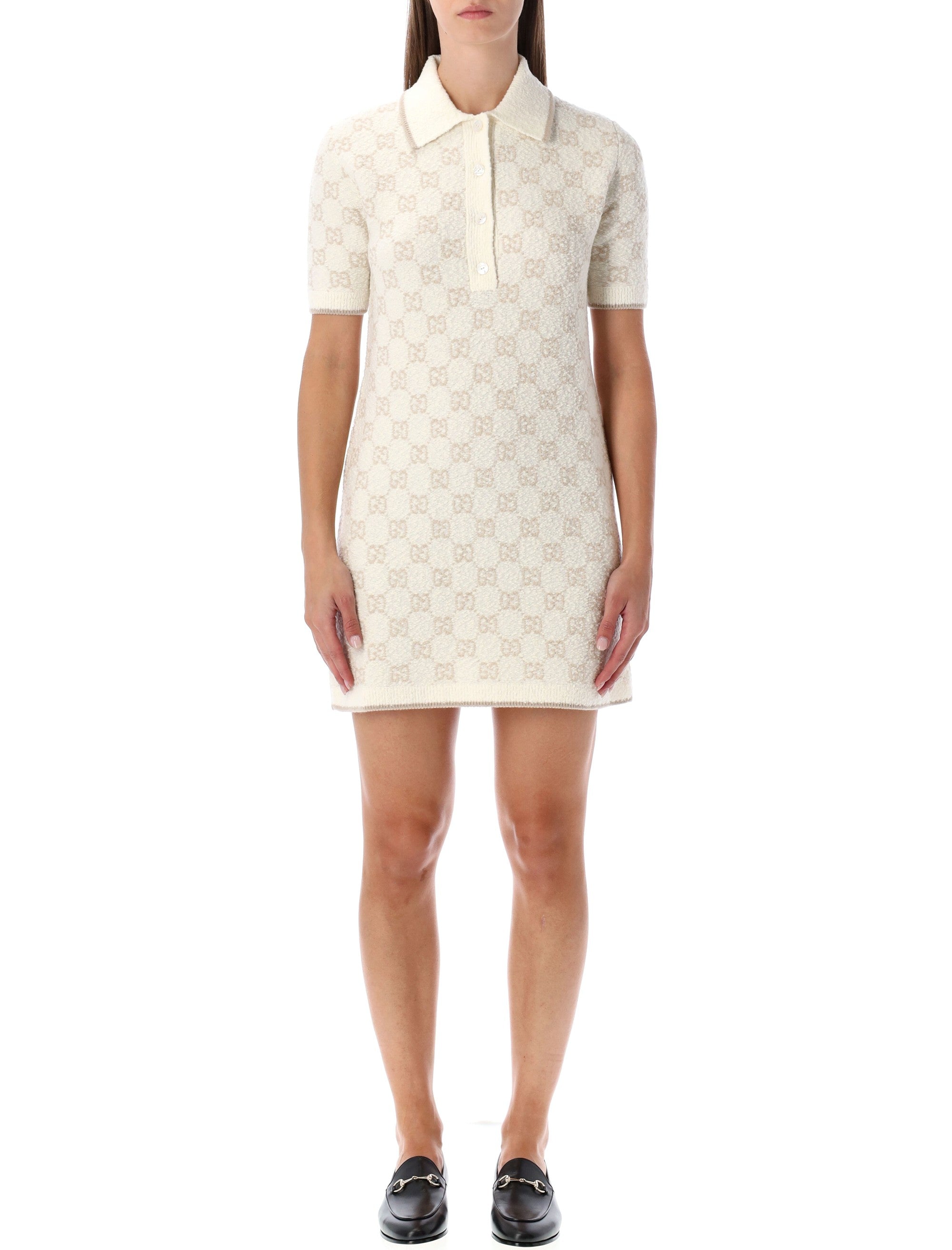 Gucci bouclé wool ans cashmere polo dress with GG White Beige