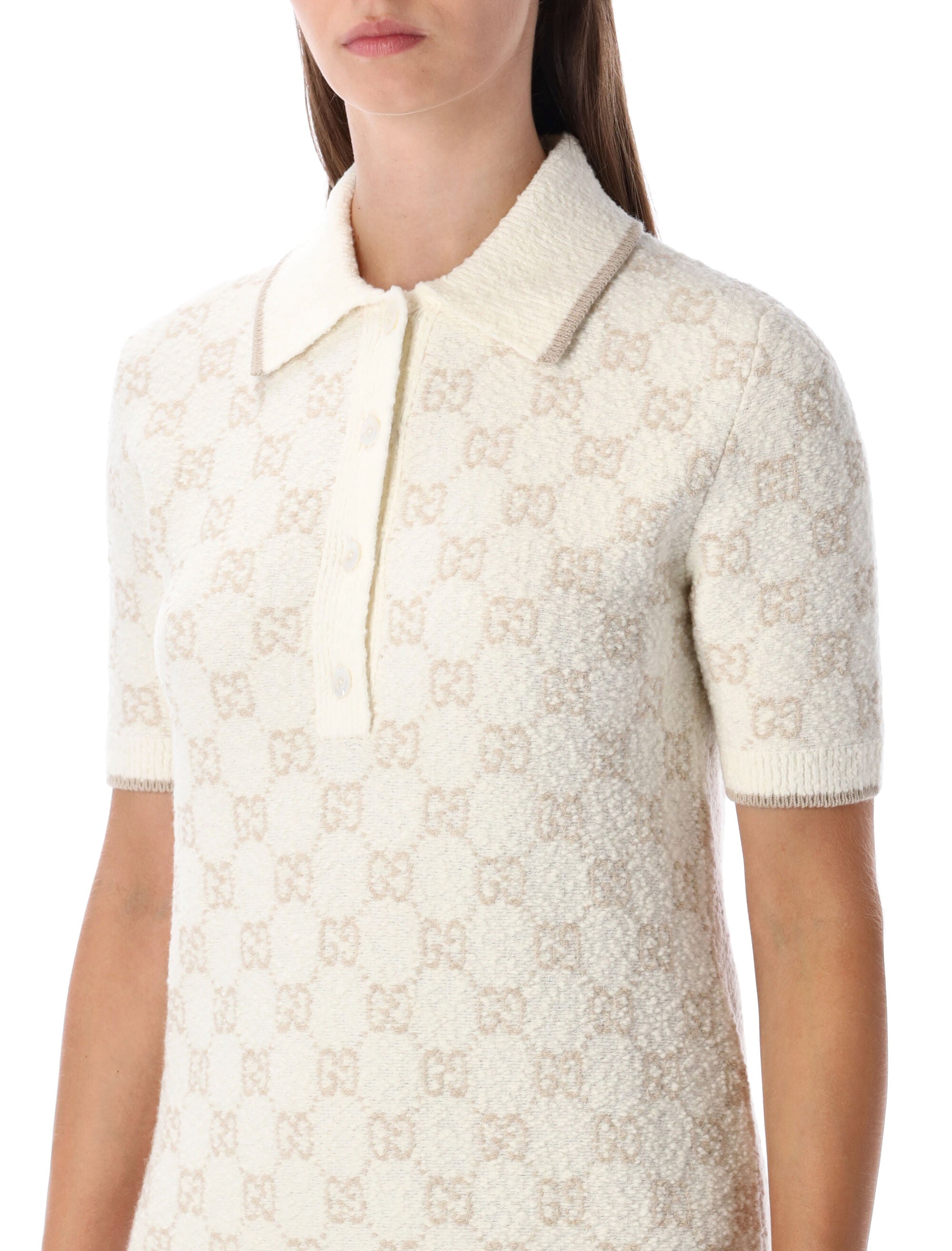 Gucci bouclé wool ans cashmere polo dress with GG White Beige