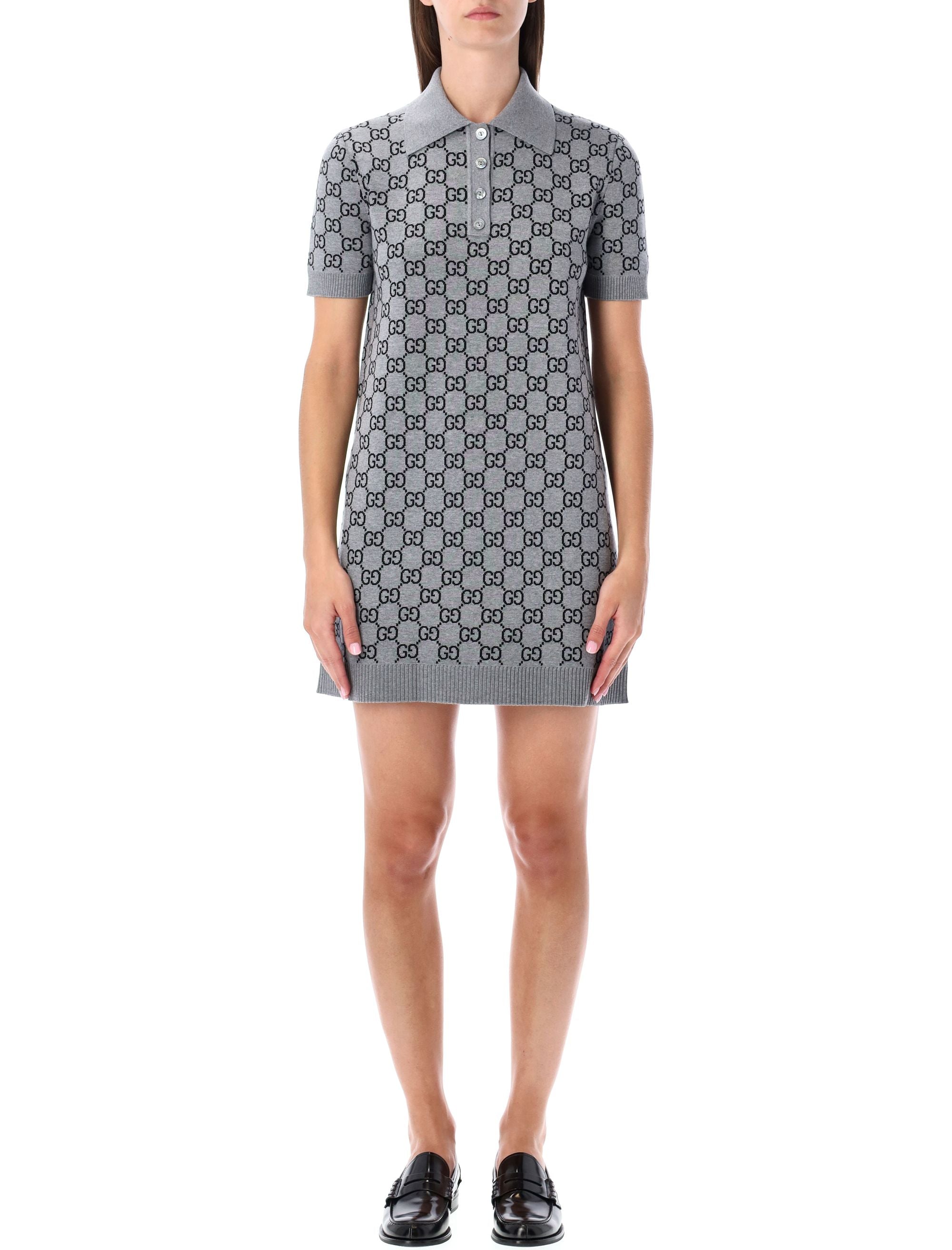 Gucci GG Monogram Polo Reversible Mini Dress Grey Black Wool