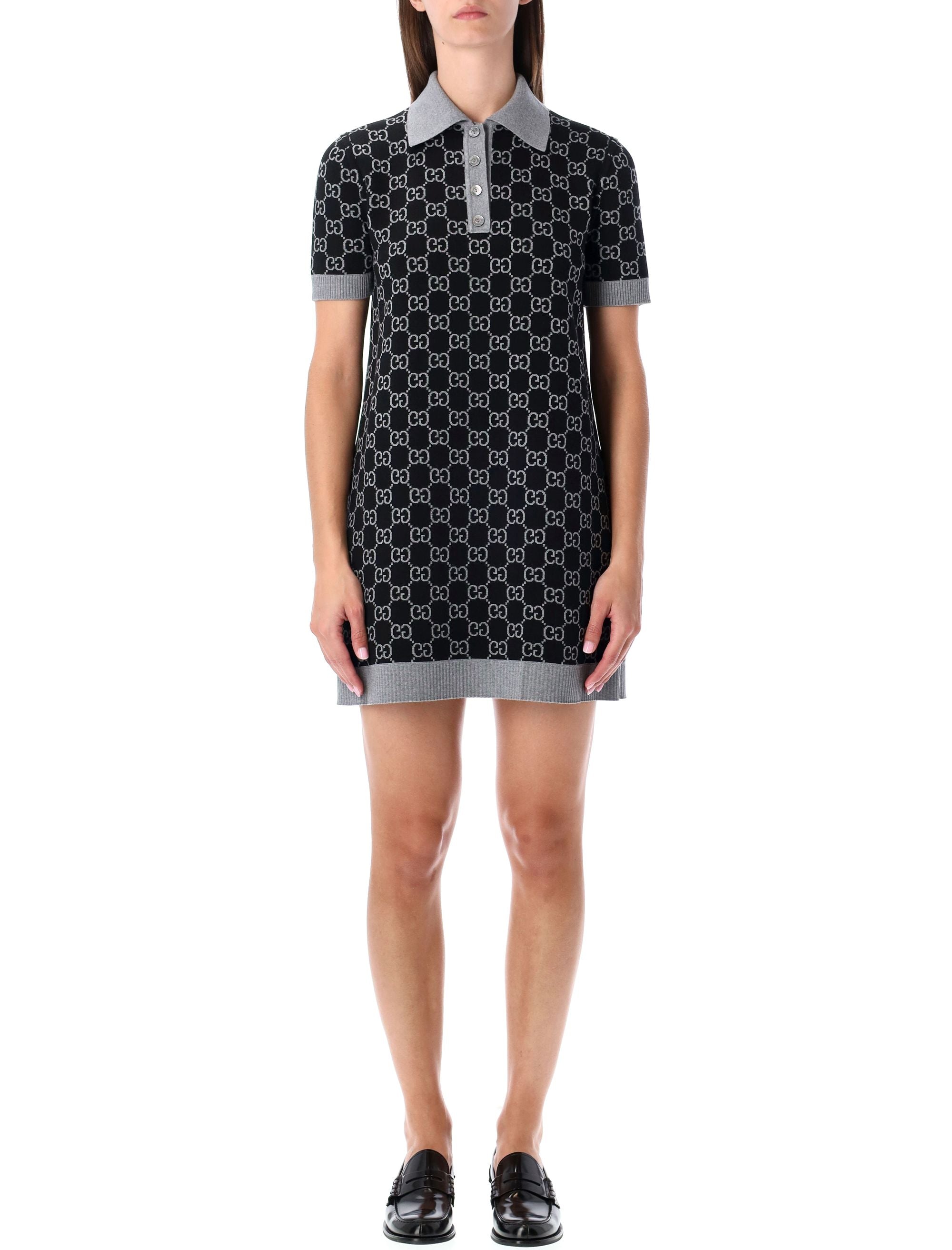 Gucci GG Monogram Polo Reversible Mini Dress Grey Black Wool