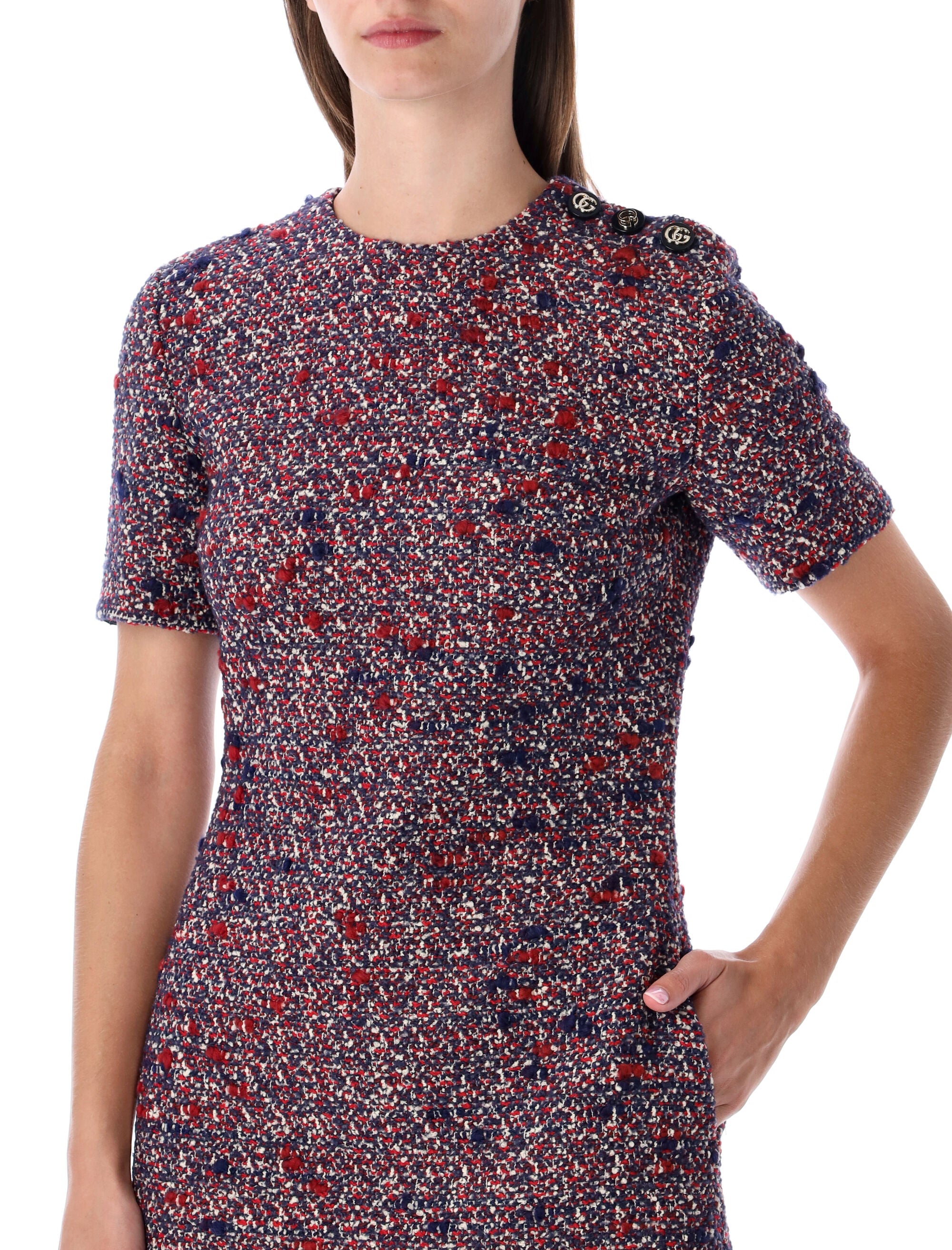 Gucci Tweed Short Sleeve Mini Dress Blue Red Multi Wool