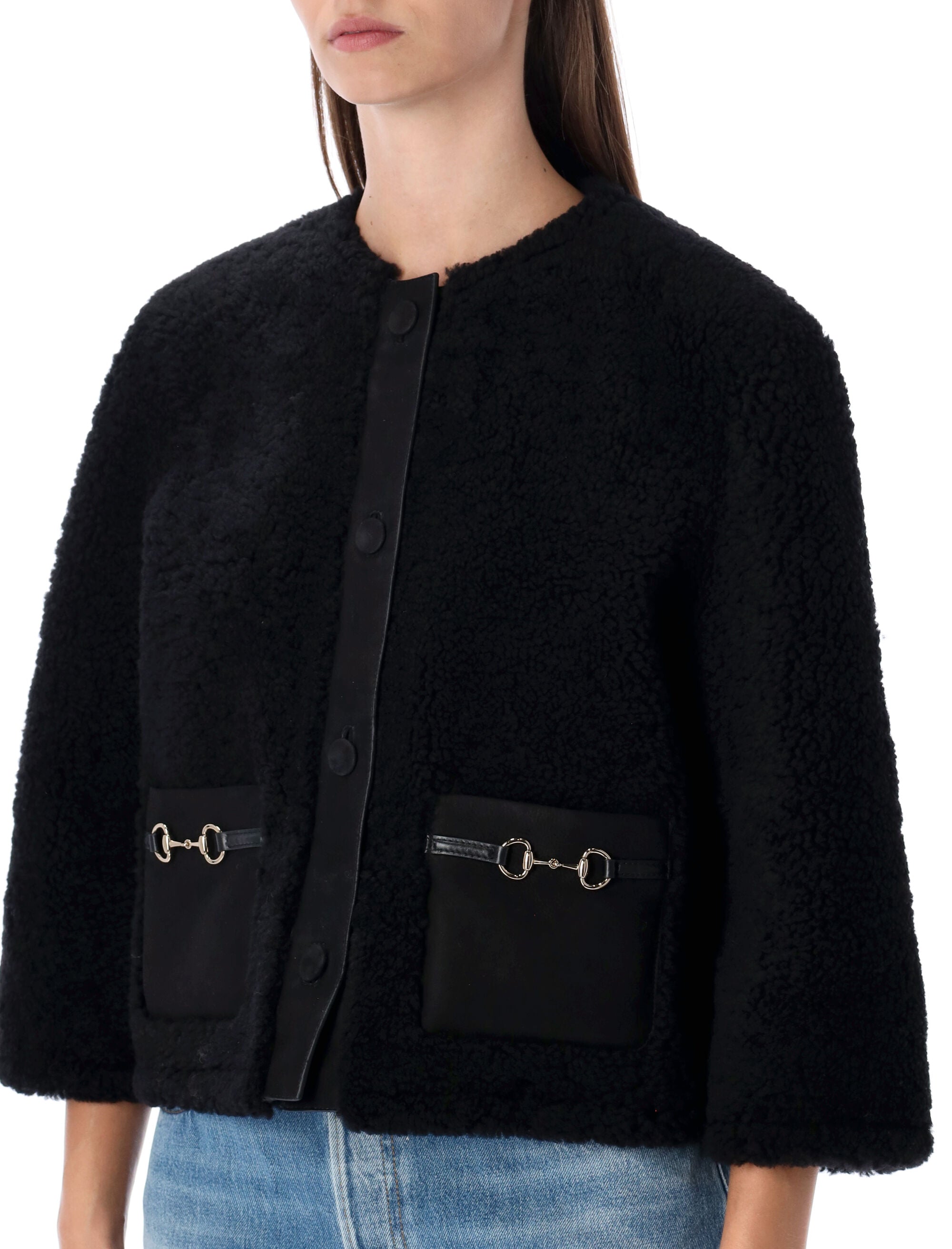 Gucci shearling jacket with Horsebit details Black Lamb Fur Trim