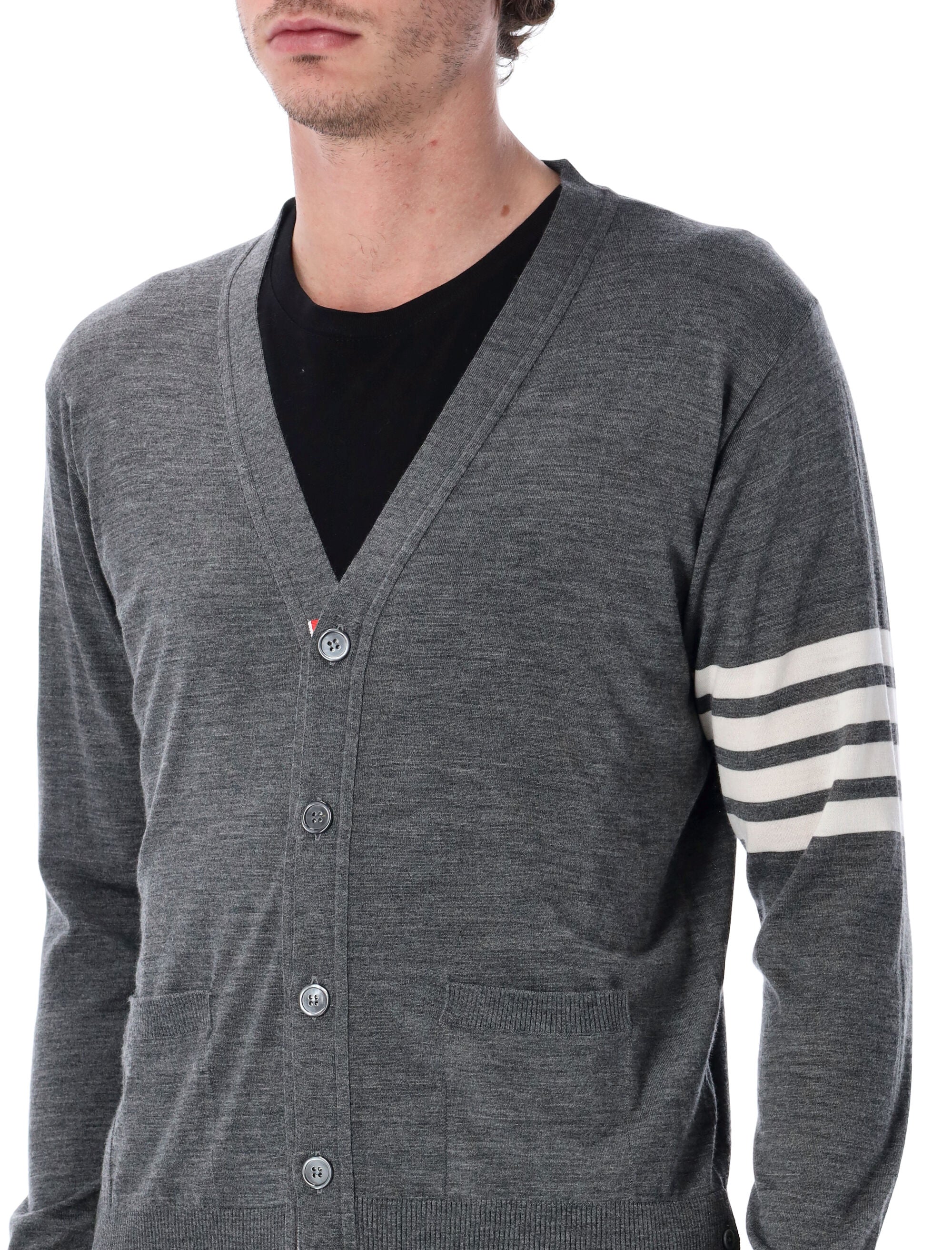 Thom Browne Wool 4-Bar V-Neck Cardigan Med Grey Virgin