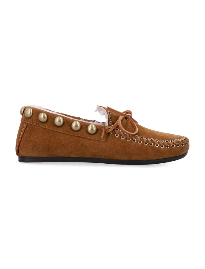 Isabel Marant Fitza Shearling Suede Loafers Cognac Gold Calf Leather