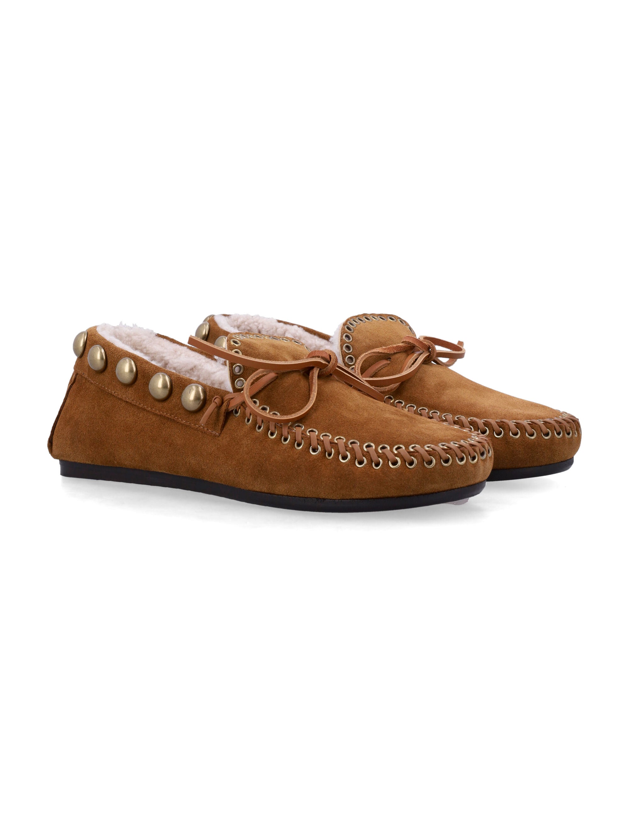 Isabel Marant Fitza Shearling Suede Loafers Cognac Gold Calf Leather