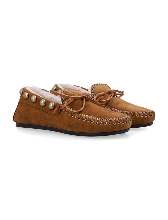 Isabel Marant Fitza Shearling Suede Loafers Cognac Gold Calf Leather