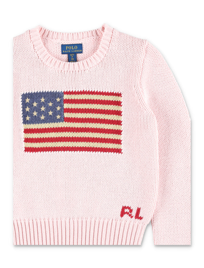Polo Ralph Lauren girls flag cotton crewneck jumper Acacia Pink Sweater