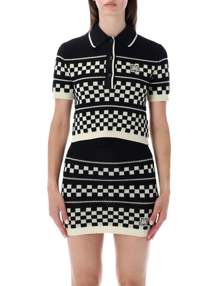 Amiri Checkered Mesh Polo Black White Wool Sweater