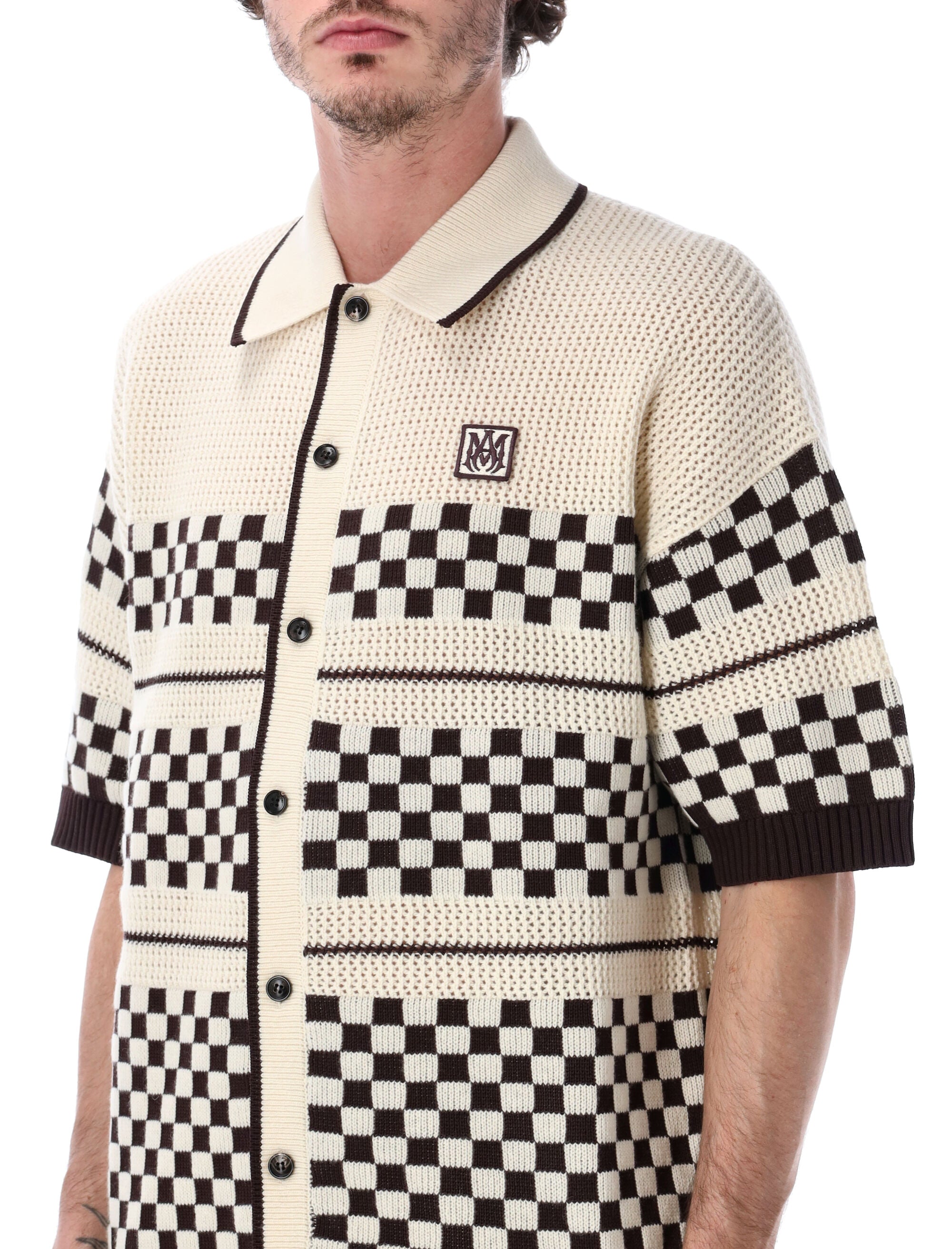 Amiri Checkered Mesh Wool Shirt Alabaster Brown Cardigan