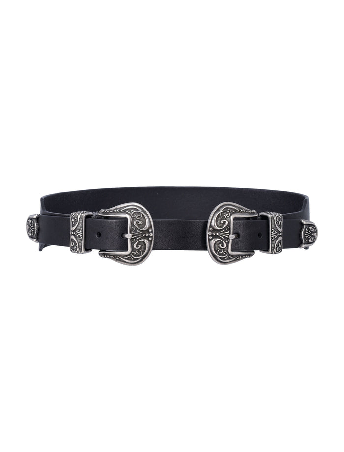 Golden Goose black washed leather belt with silver double buckle Cow