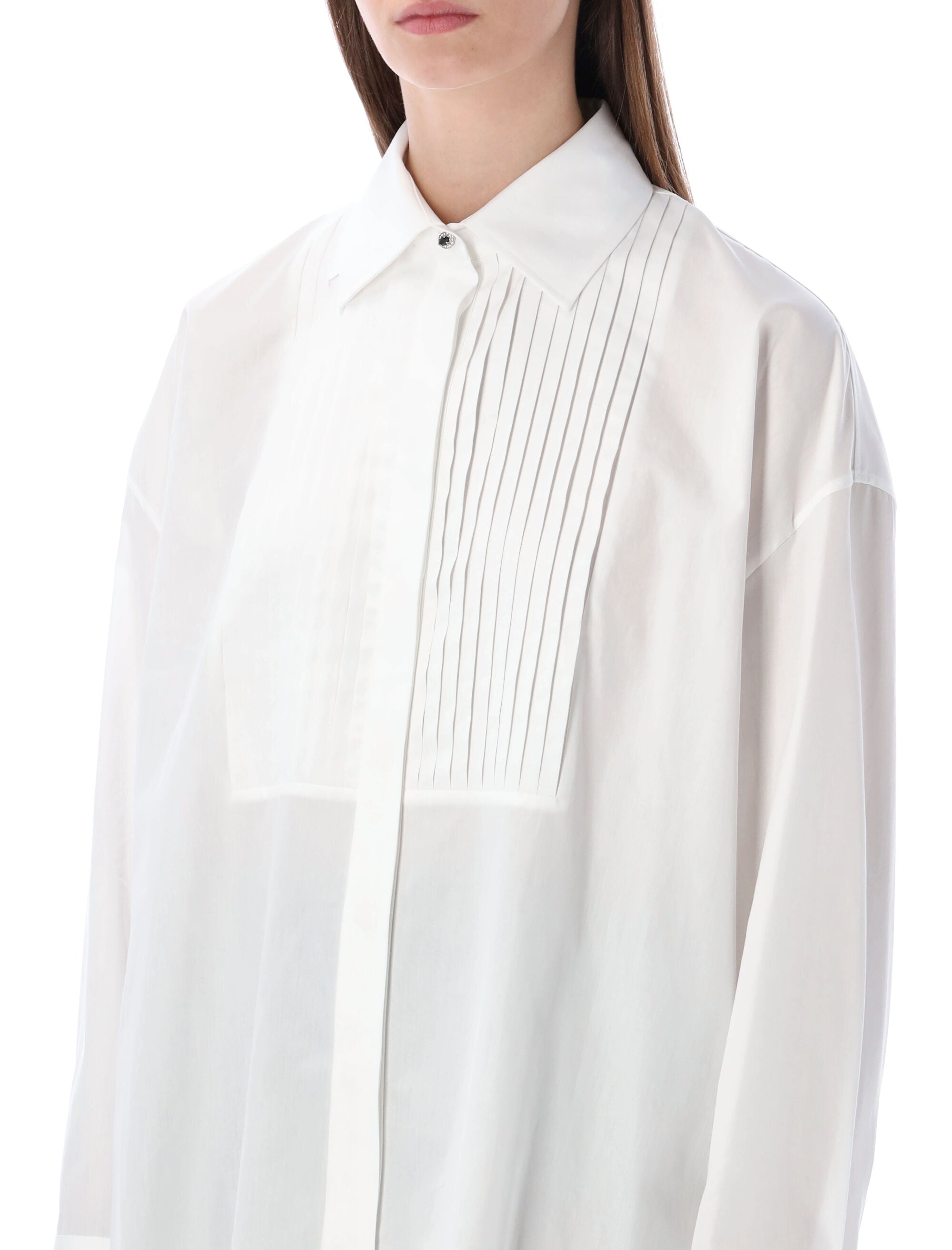 Golden Goose Oversized White Cotton Shirt With Pleated Bib And Jewel Buttons