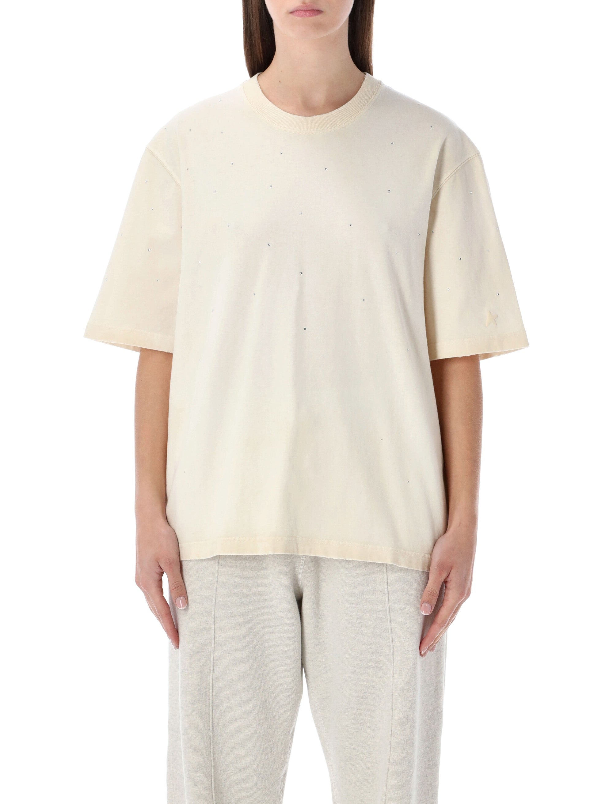 Golden Goose Crystal Embellished Cotton T-Shirt Artic Wolf Beige Tshirt