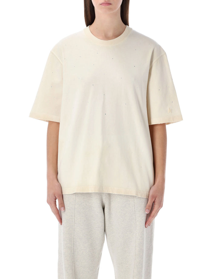 Golden Goose Crystal Embellished Cotton T-Shirt Artic Wolf Beige Tshirt