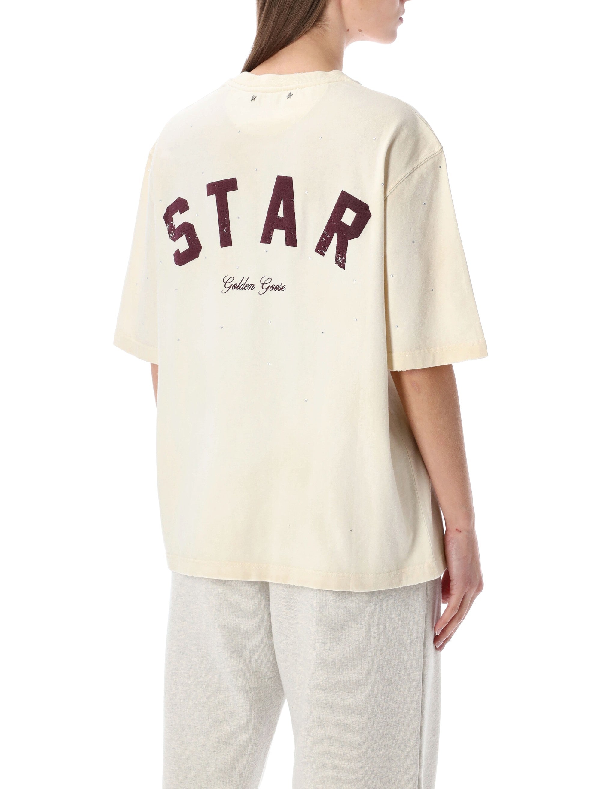 Golden Goose Crystal Embellished Cotton T-Shirt Artic Wolf Beige Tshirt