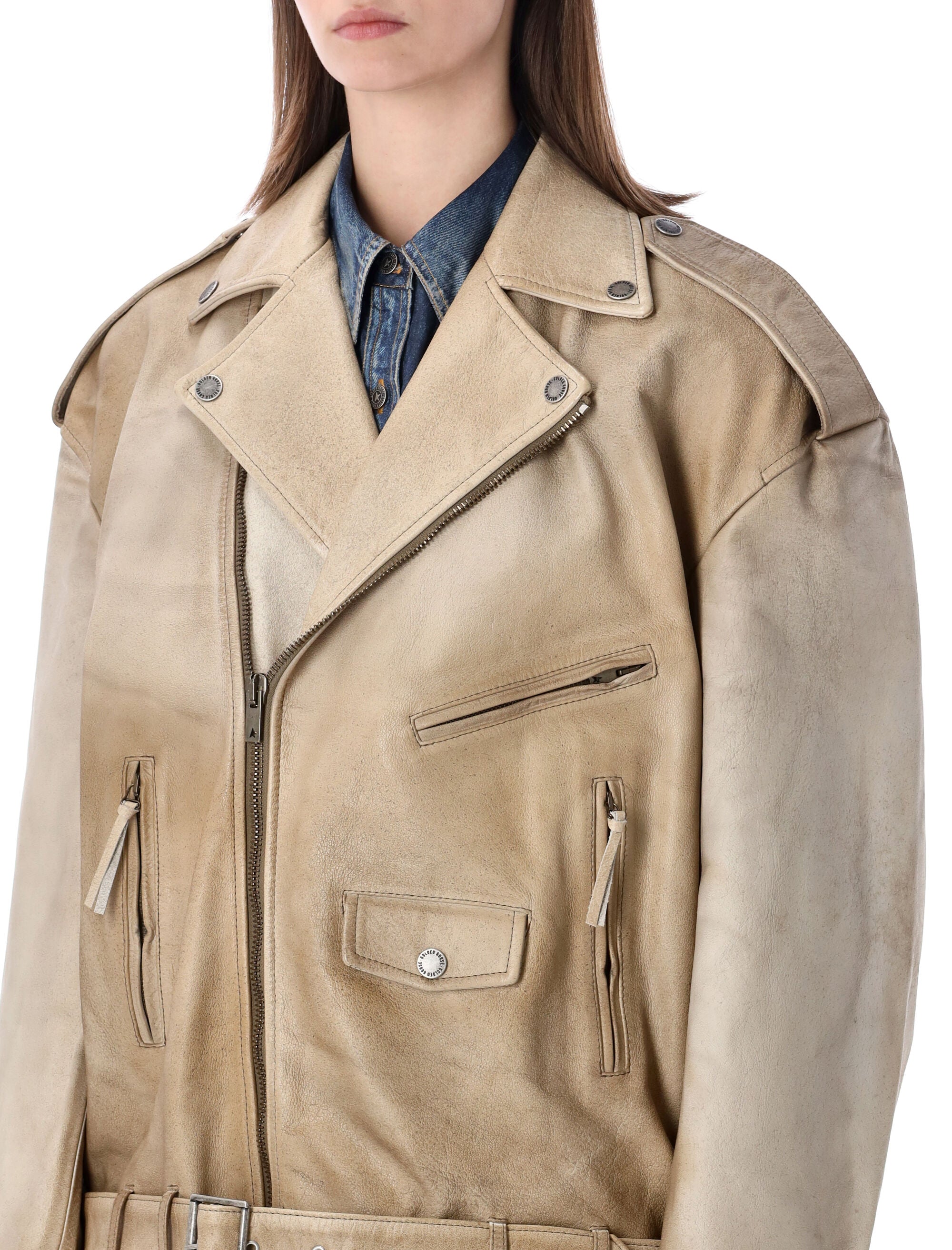 Golden Goose brushed leather biker jacket Blue Buffalo