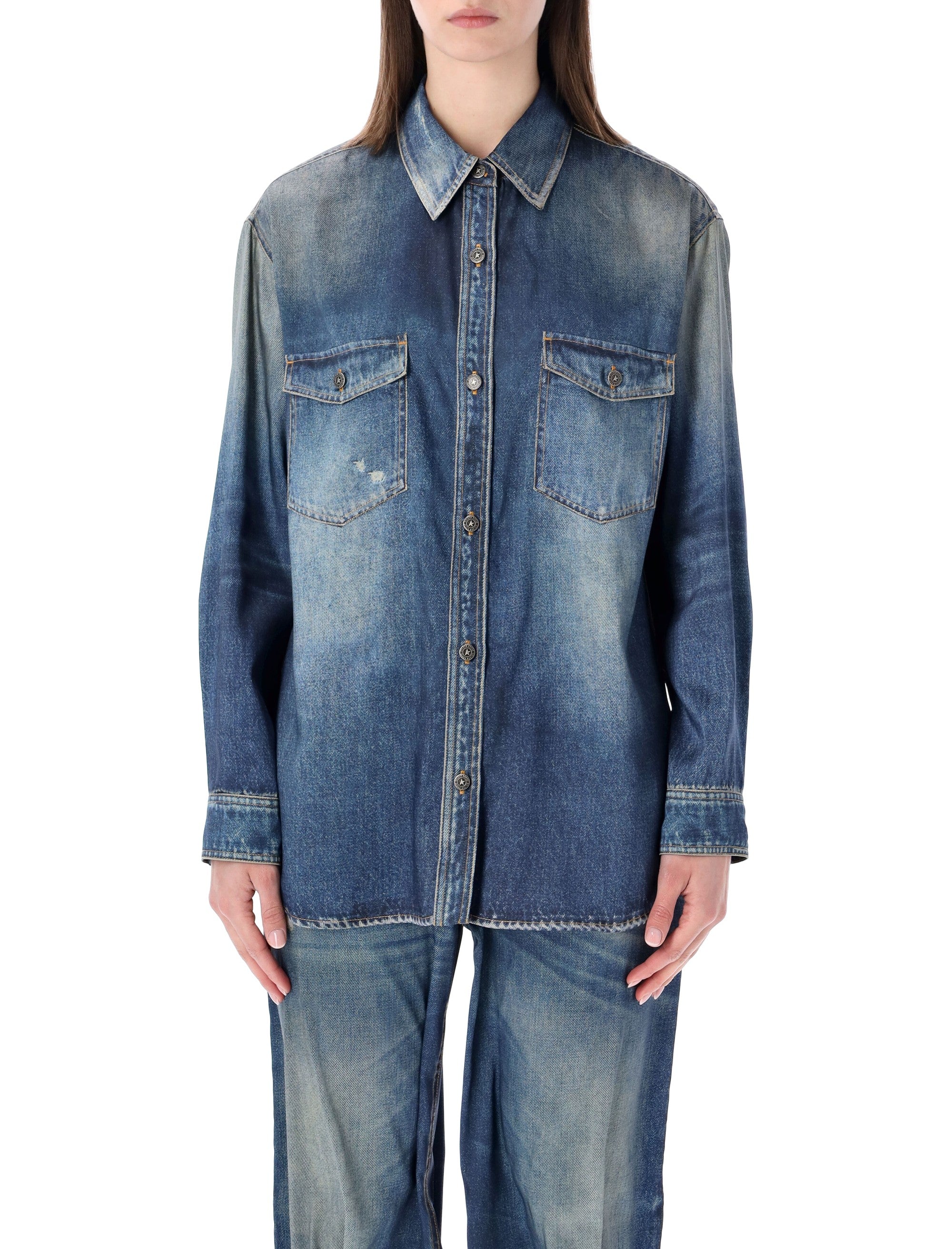 Golden Goose denim print satin overshirt Blue Polyester Shirt