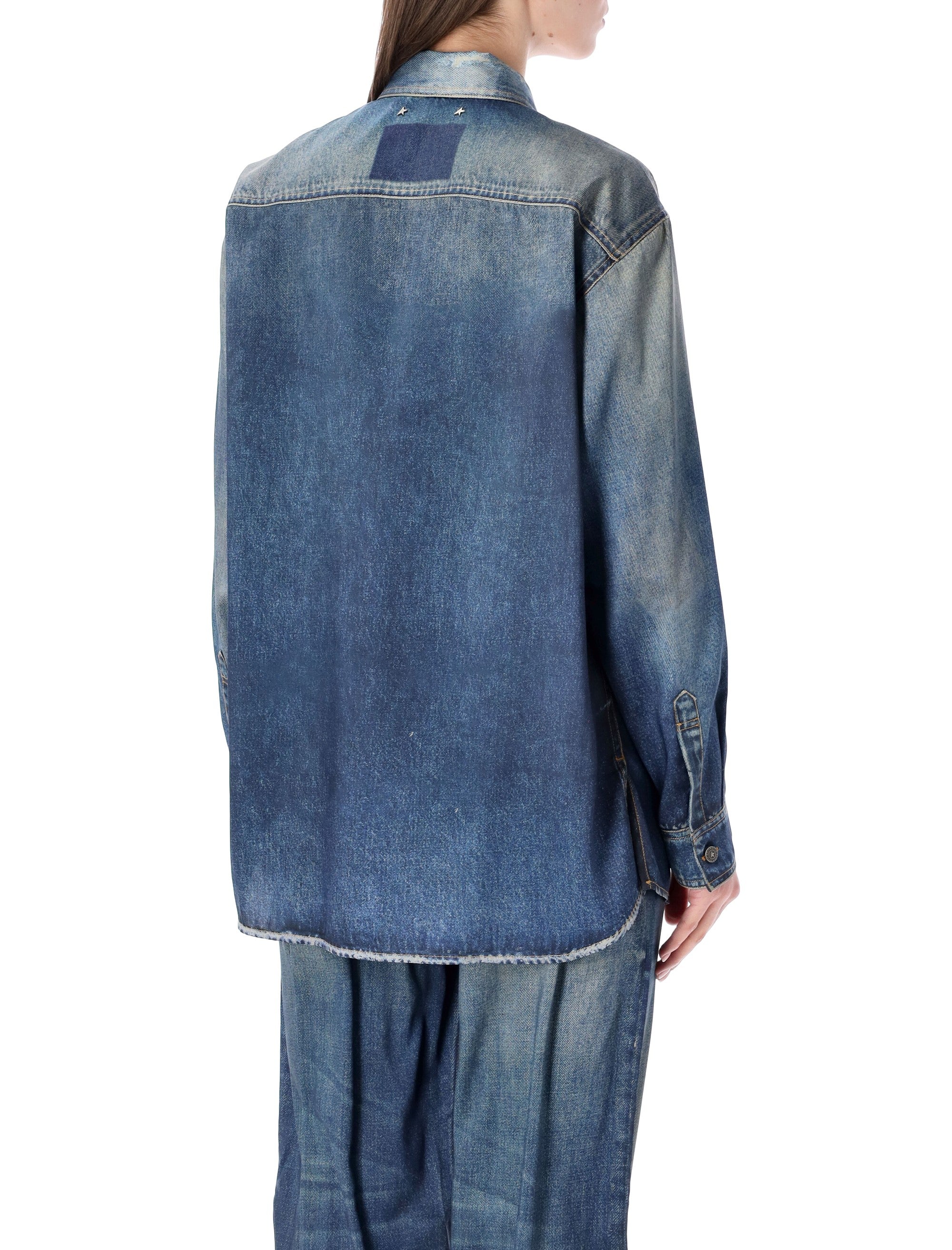 Golden Goose denim print satin overshirt Blue Polyester Shirt