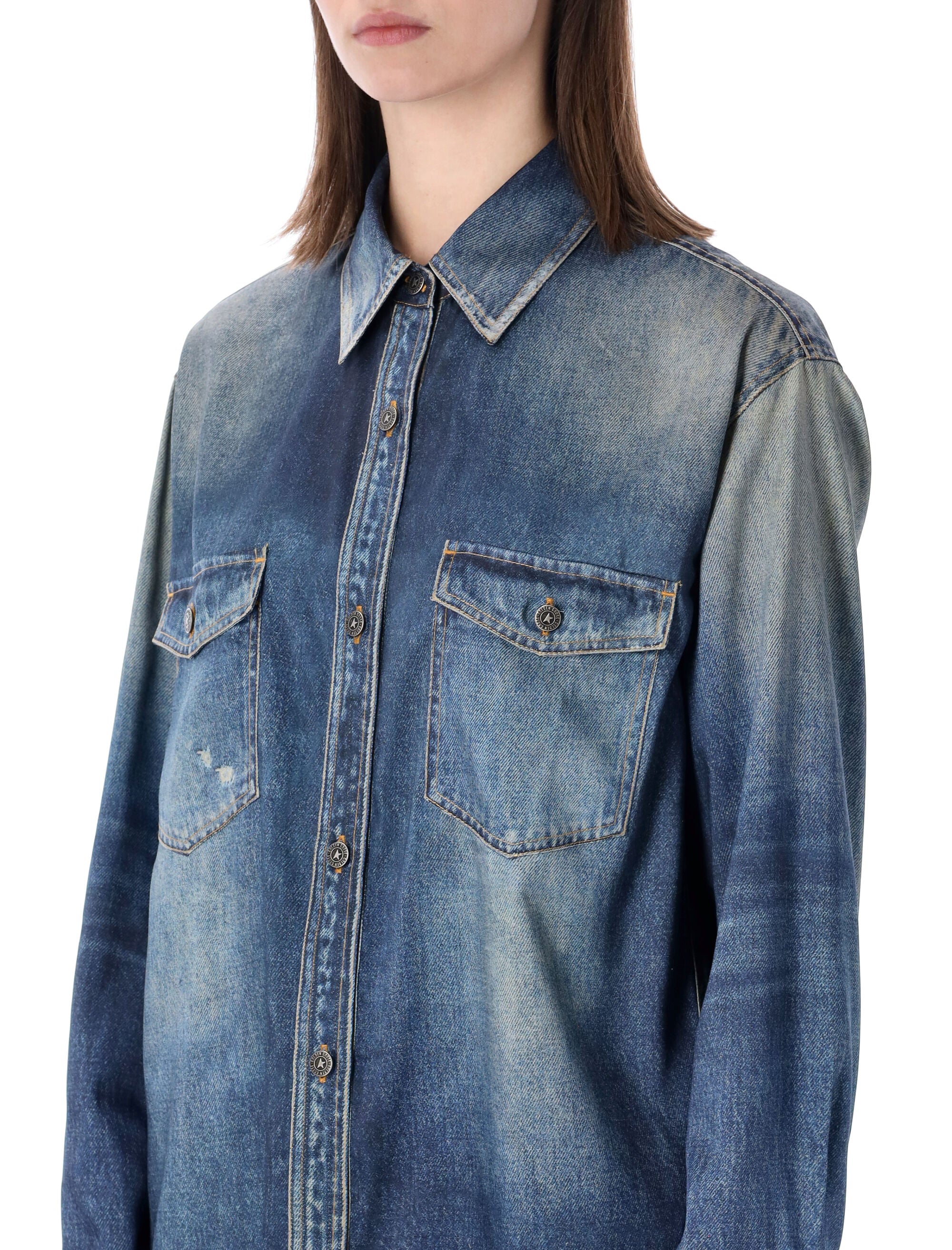 Golden Goose denim print satin overshirt Blue Polyester Shirt