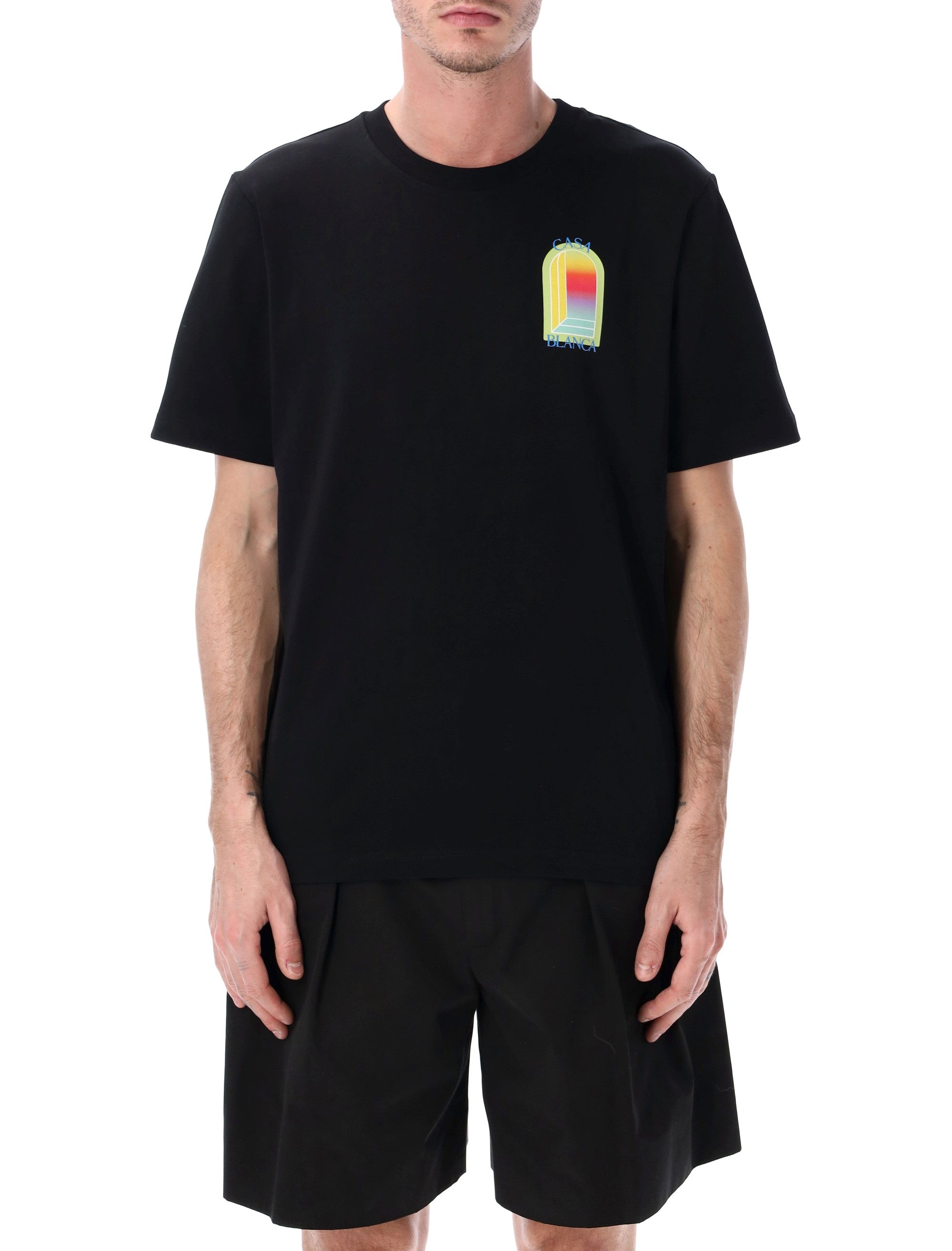 Casablanca LArche Printed Lime & Yellow T-Shirt in Black Organic Cotton Tshirt