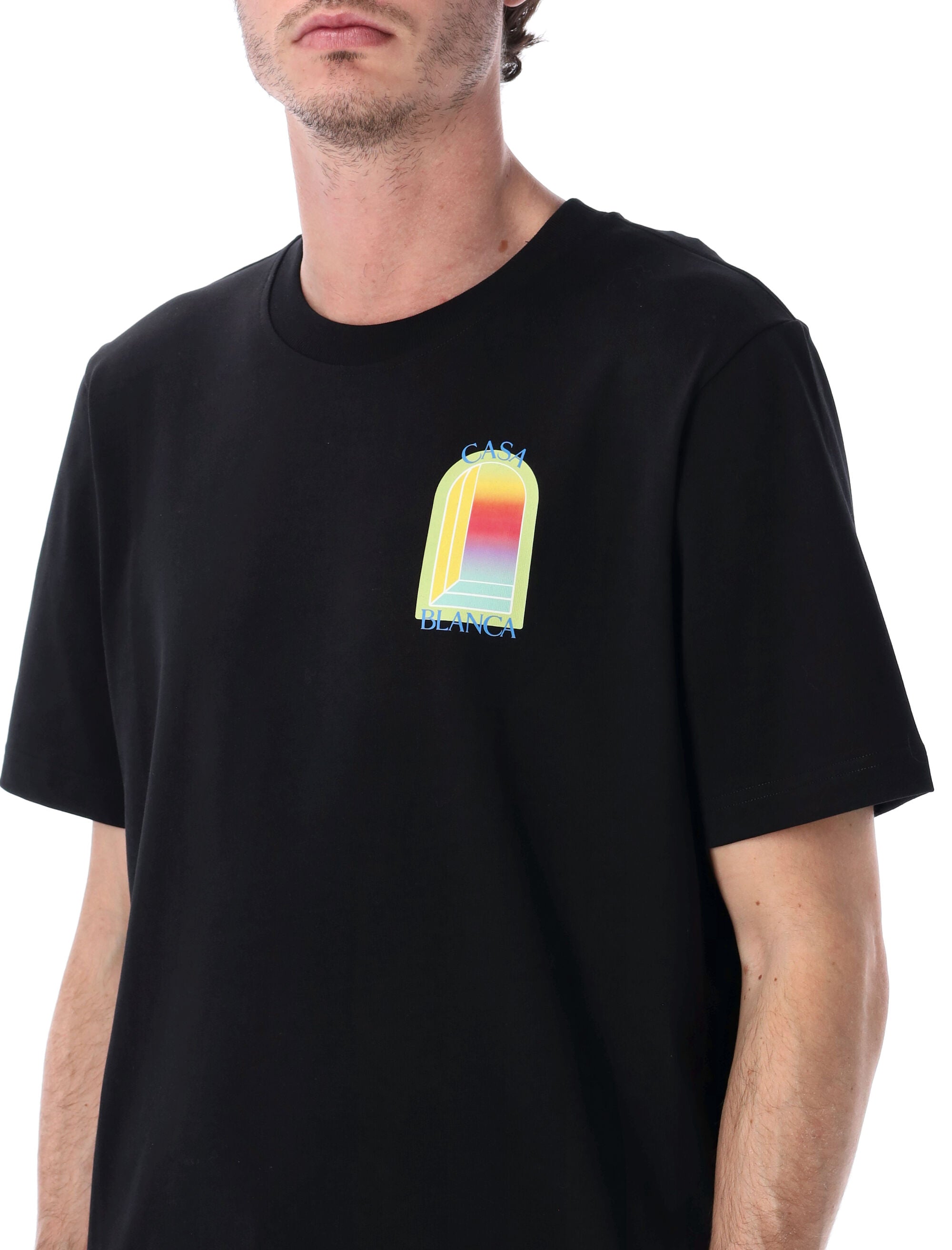 Casablanca LArche Printed Lime & Yellow T-Shirt in Black Organic Cotton Tshirt