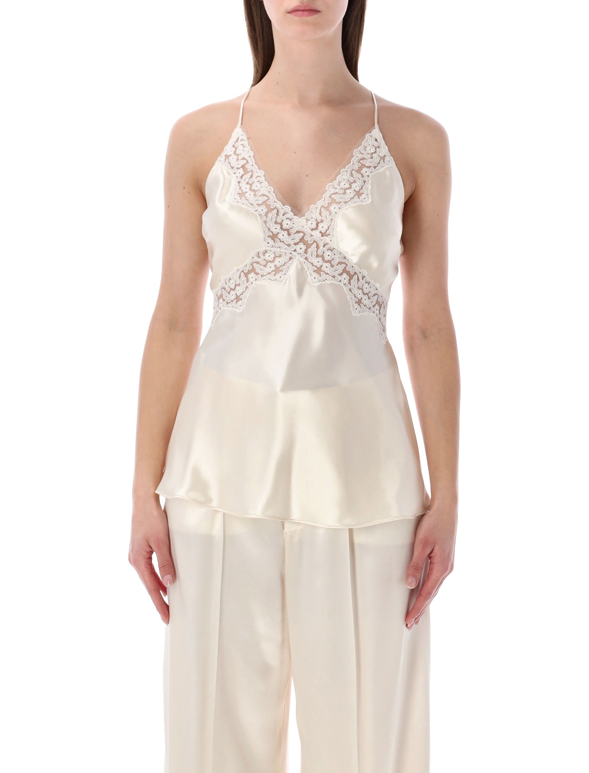 Alberta Ferretti satin top with lace inserts White Viscose