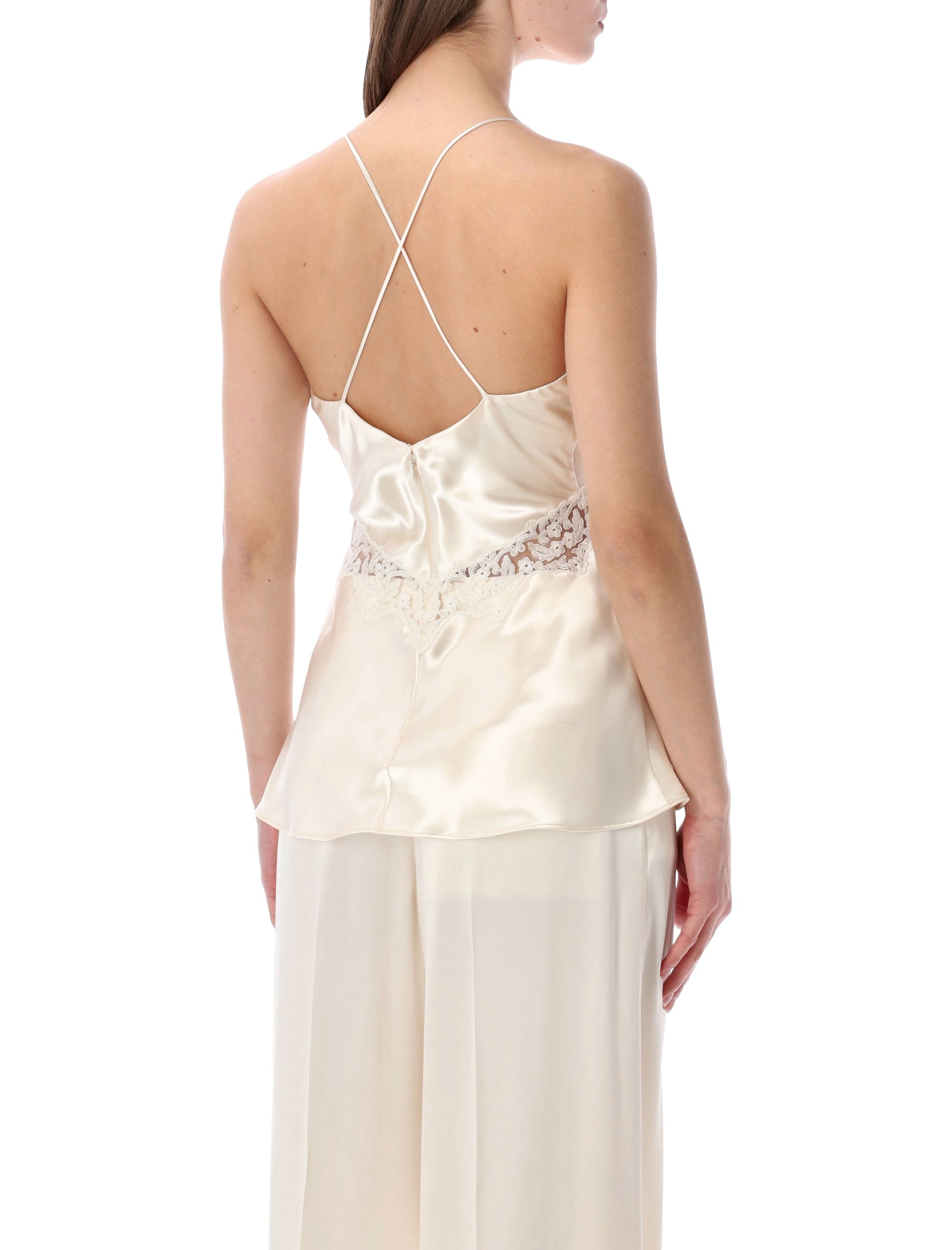 Alberta Ferretti satin top with lace inserts White Viscose