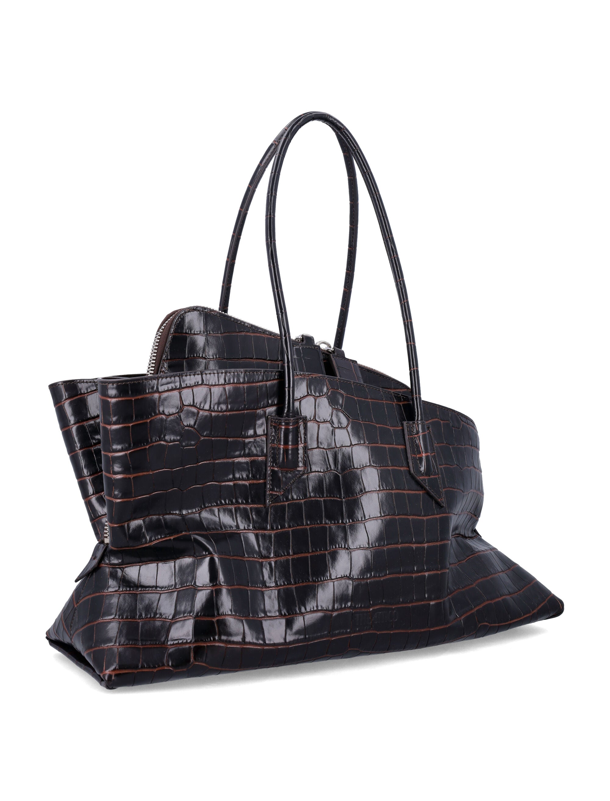 Croc-Print Leather La Passeggiata Top Handle Bag Coffee Calf Tote