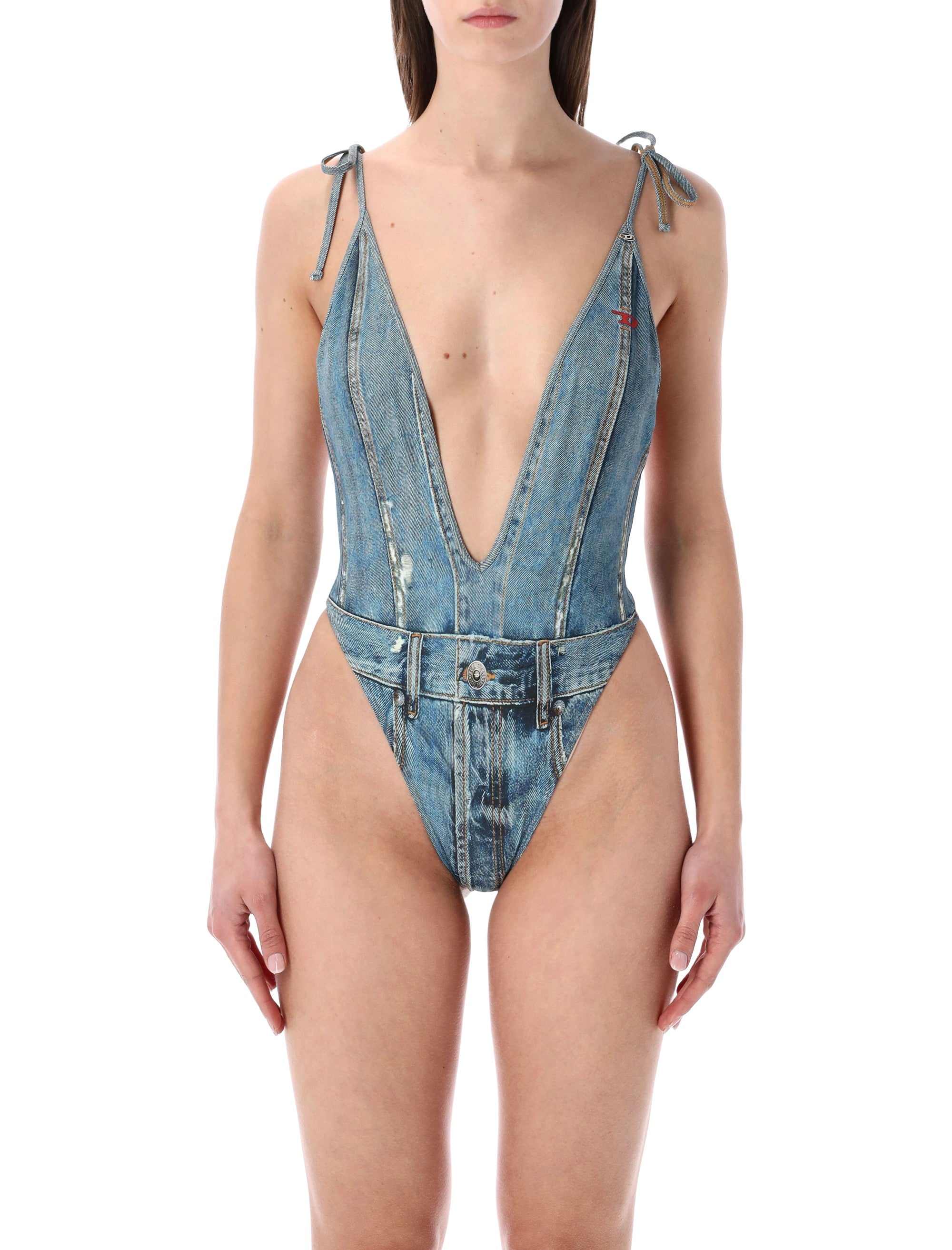 Diesel Kinsley-Dnm denim-effect deep V swimsuit Denim Print Polyester Swimwear