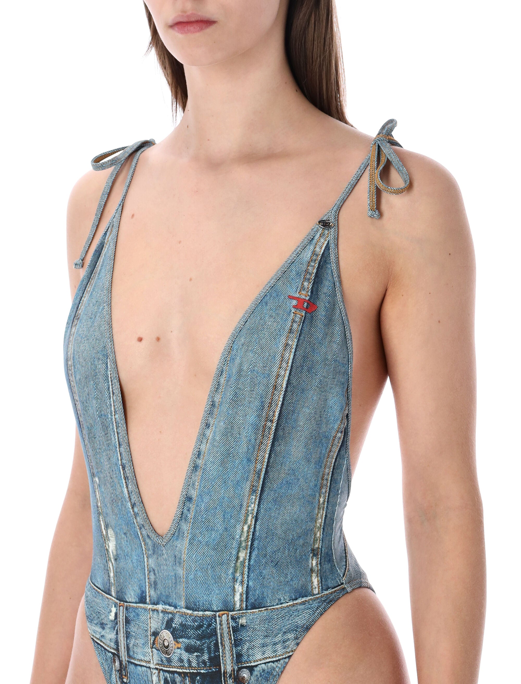 Diesel Kinsley-Dnm denim-effect deep V swimsuit Denim Print Polyester Swimwear