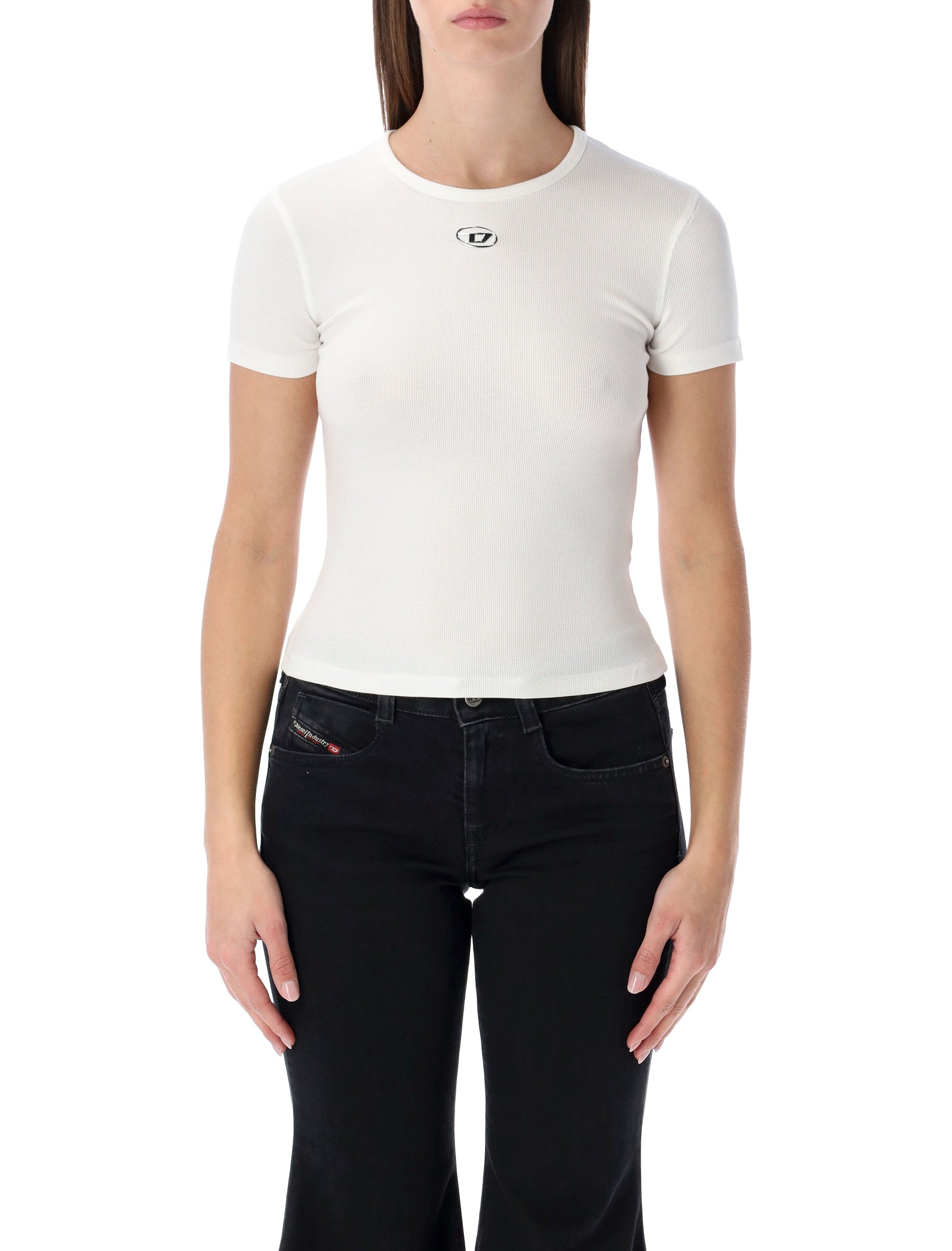 Diesel slim-fit stretch cotton T-shirt with metallic Oval D logo White