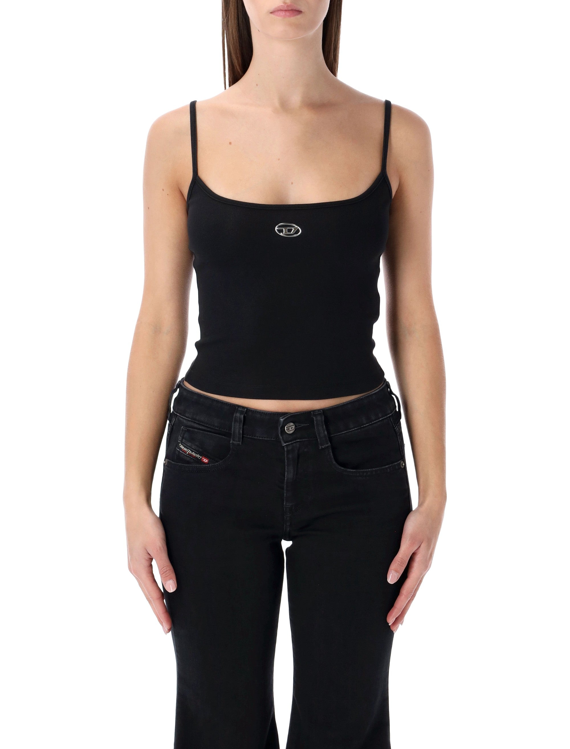 Diesel ribbed stretch cotton top with metallic Oval D logo Black