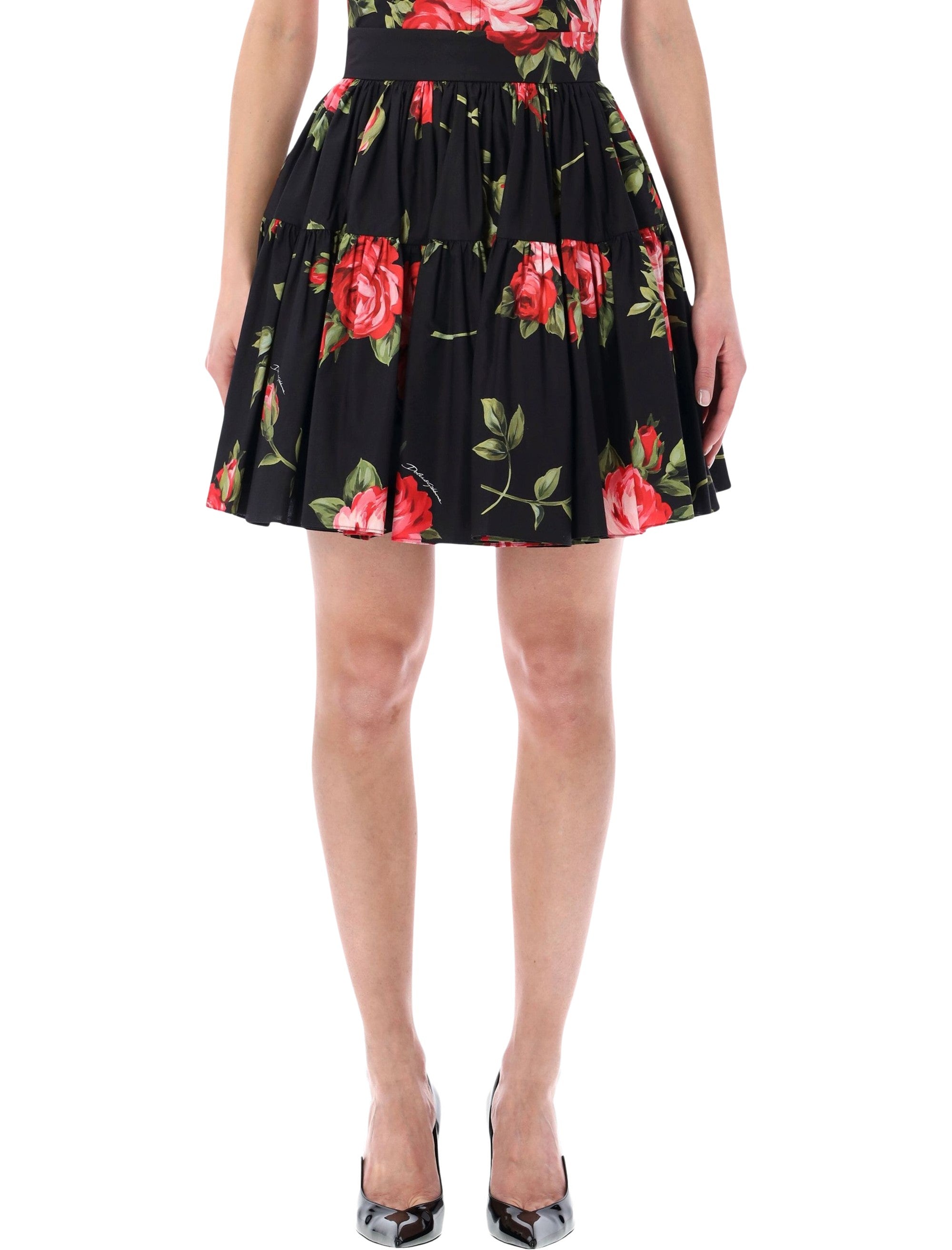 Dolce&gabbana Rose Print Short Skirt Sicilian Black Cotton