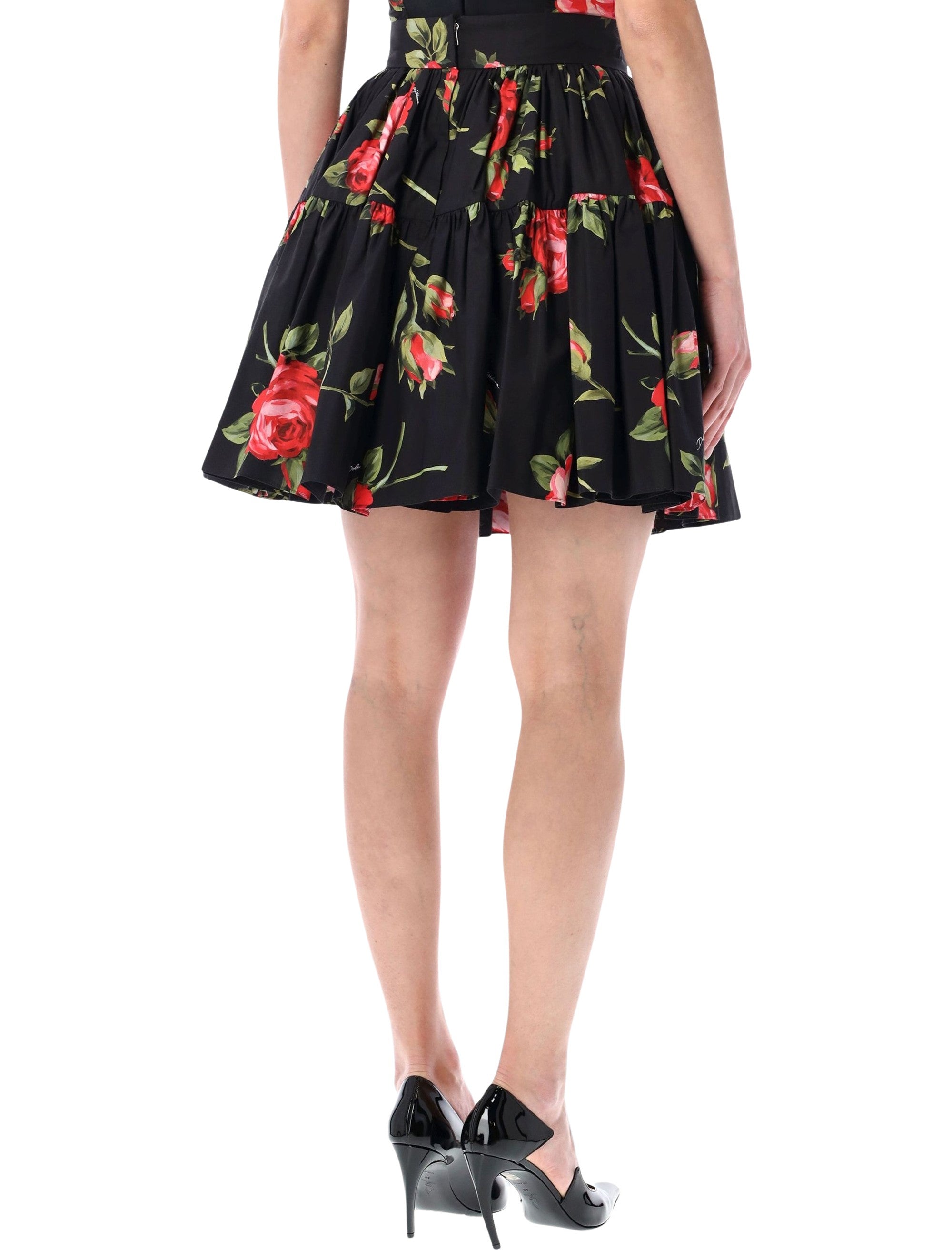Dolce&gabbana Rose Print Short Skirt Sicilian Black Cotton