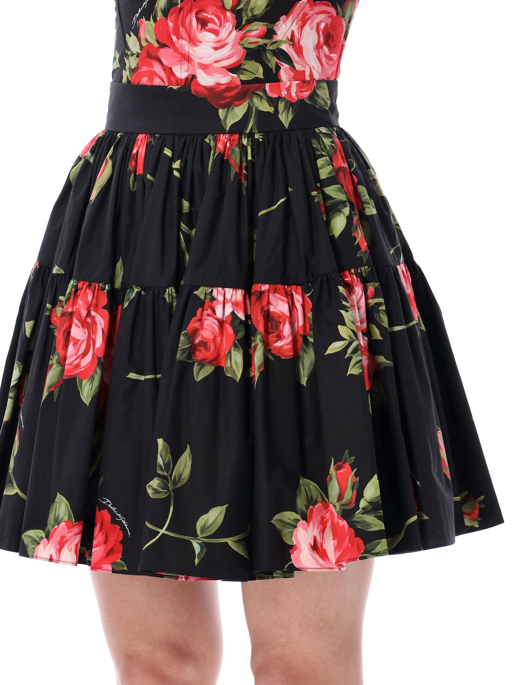 Dolce&gabbana Rose Print Short Skirt Sicilian Black Cotton