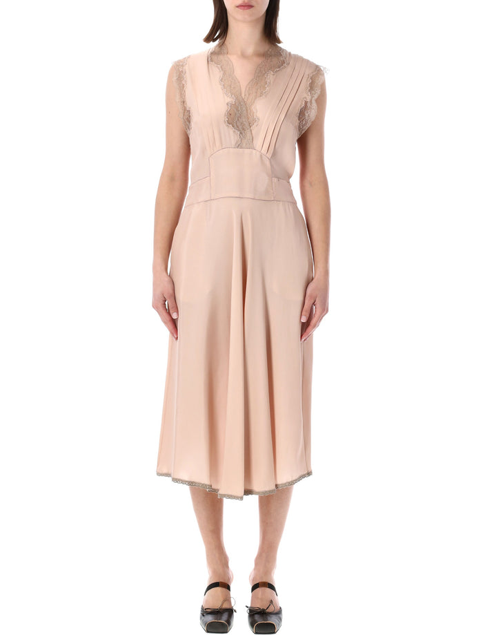 Maison Margiela Silk Lace Detail Midi Dress Light Pink Acetate